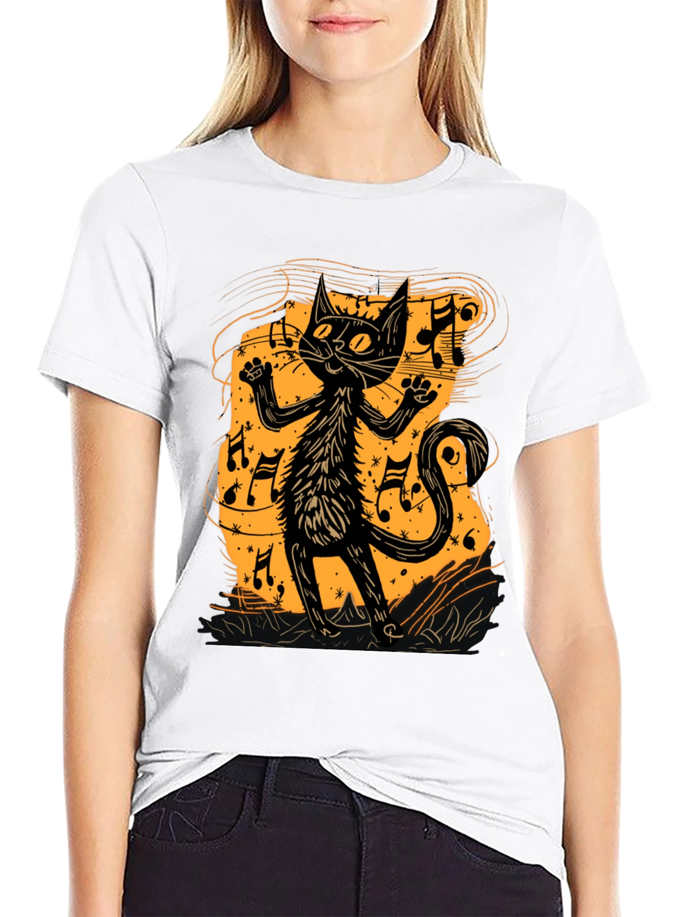 Musical Cat Graphic Tee - Black Cotton T-Shirt
