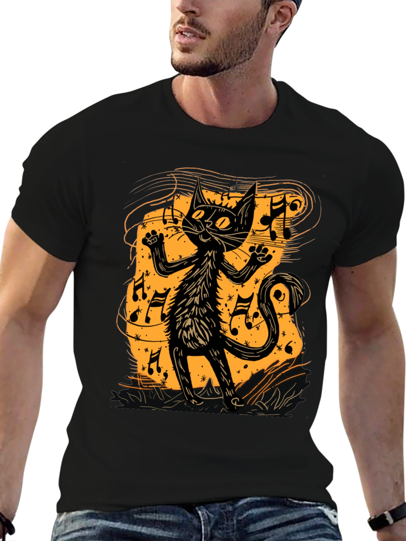 Musical Cat Graphic Tee - Black Cotton T-Shirt