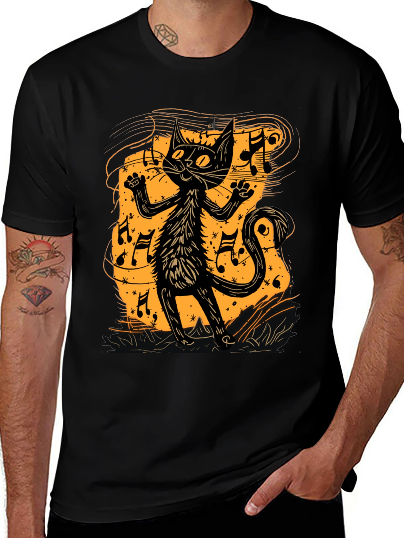 Musical Cat Graphic Tee - Black Cotton T-Shirt