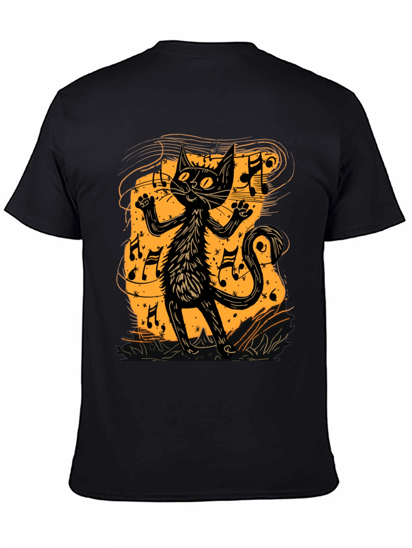 Musical Cat Graphic Tee - Black Cotton T-Shirt