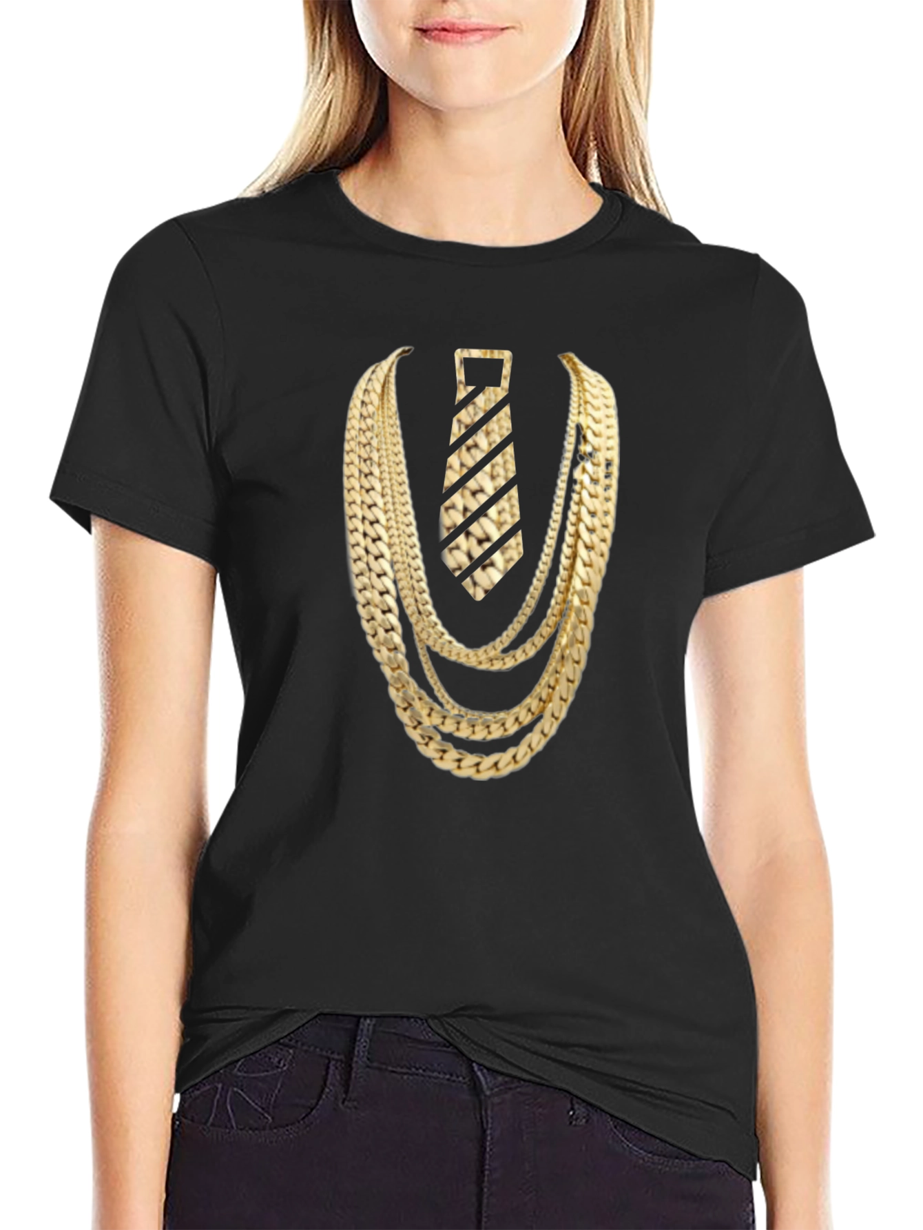Gold Chains and Tie Graphic Tee - Statement Style