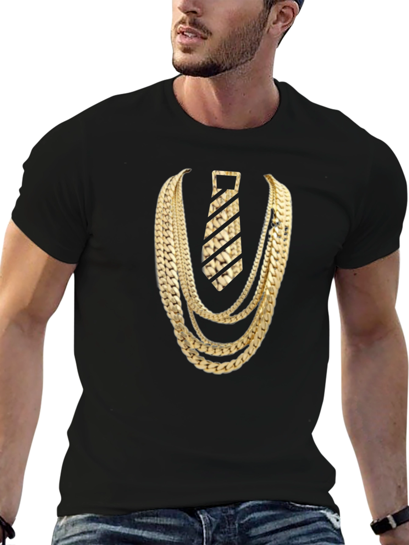 Gold Chains and Tie Graphic Tee - Statement Style