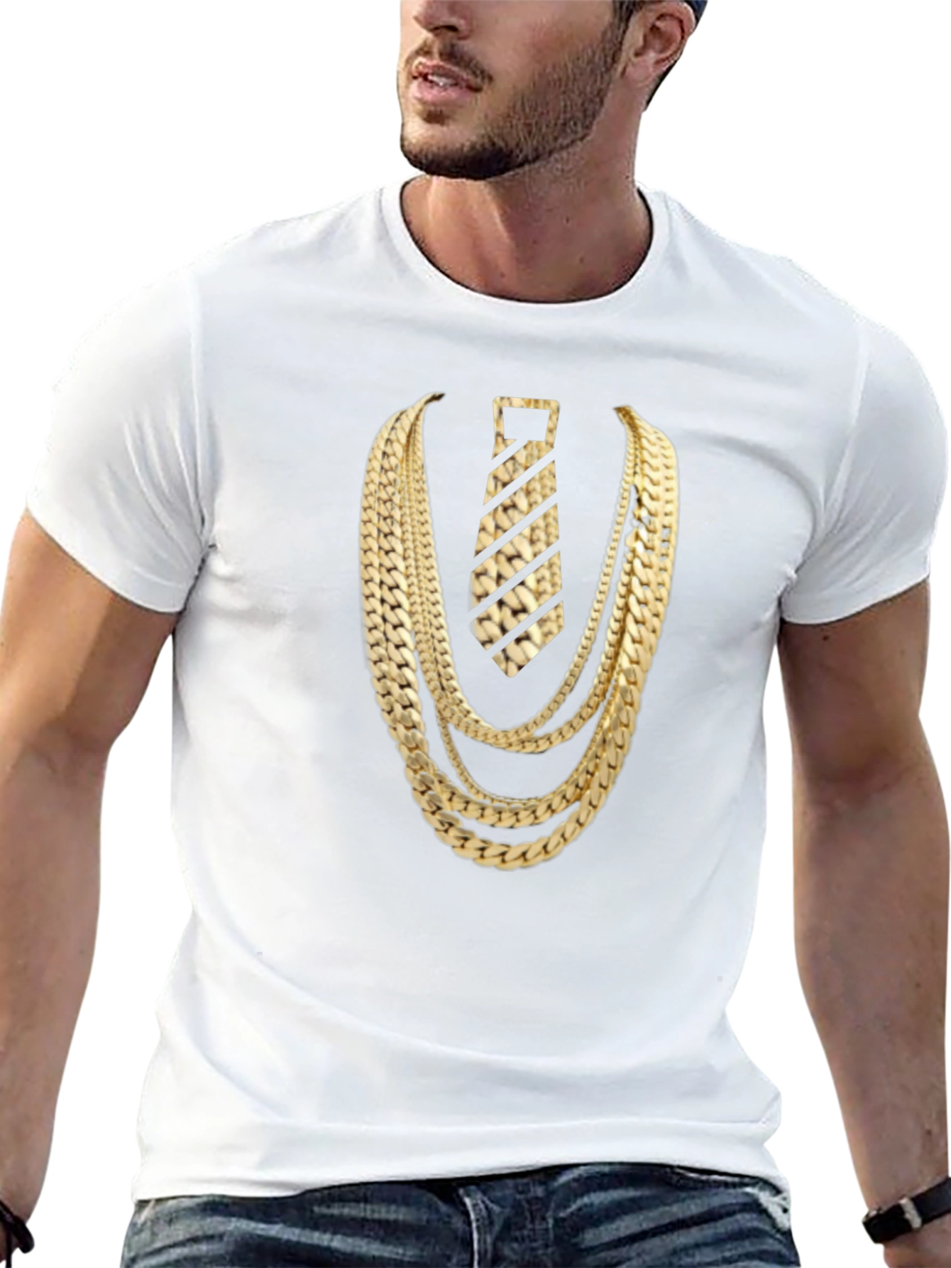 Gold Chains and Tie Graphic Tee - Statement Style