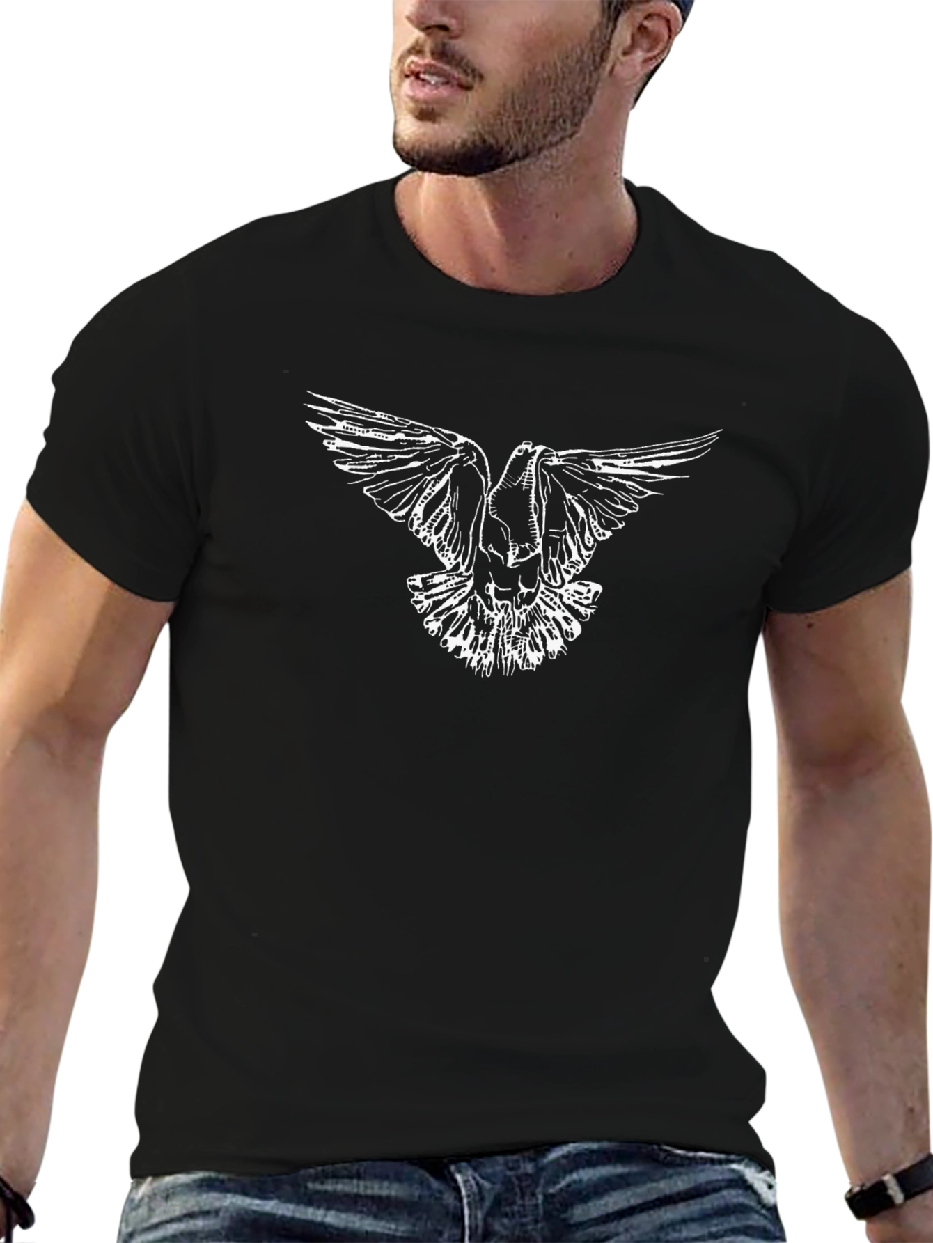 Black T-Shirt with White Dove Graphic