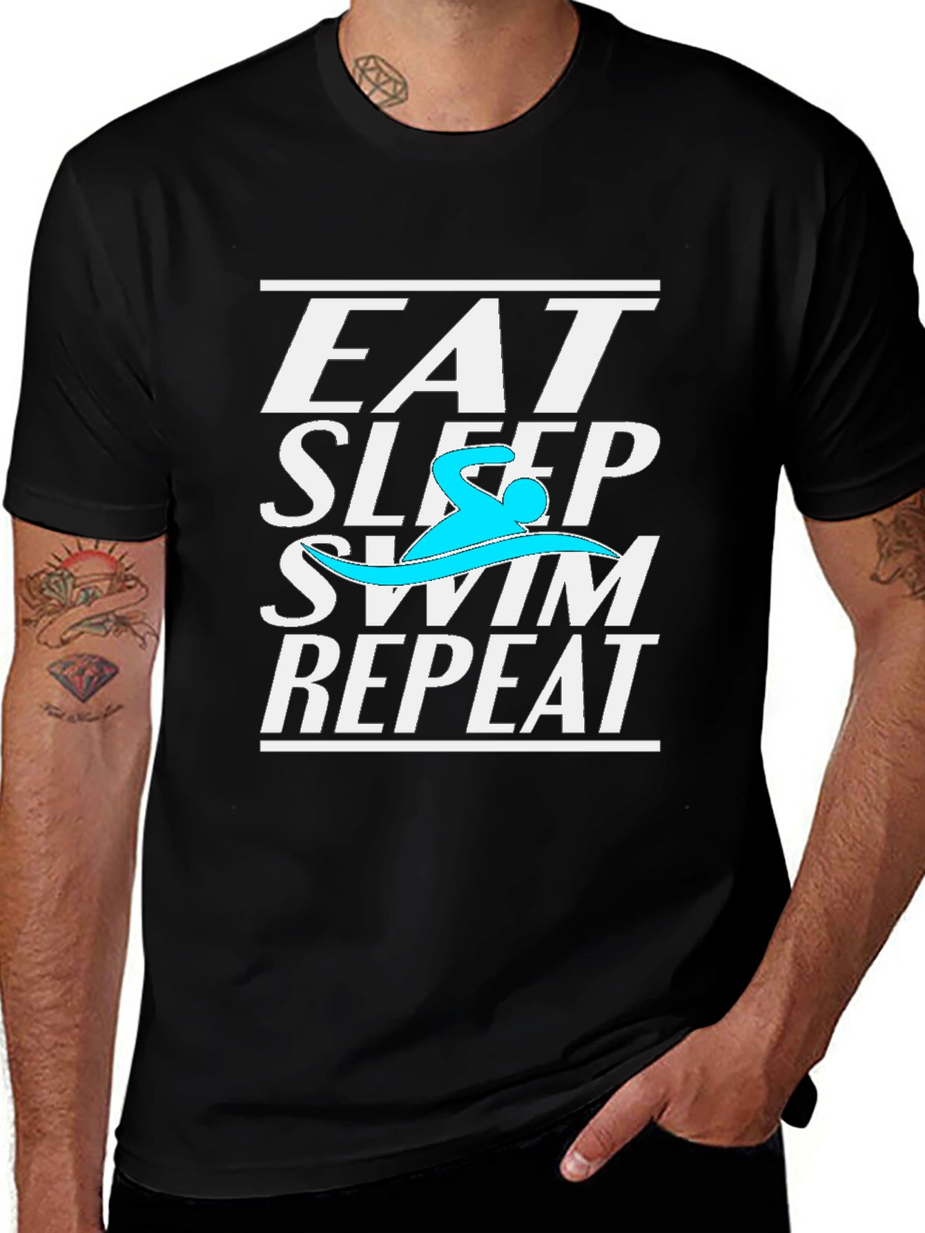 Eat Sleep Swim Repeat Black Graphic T-Shirt