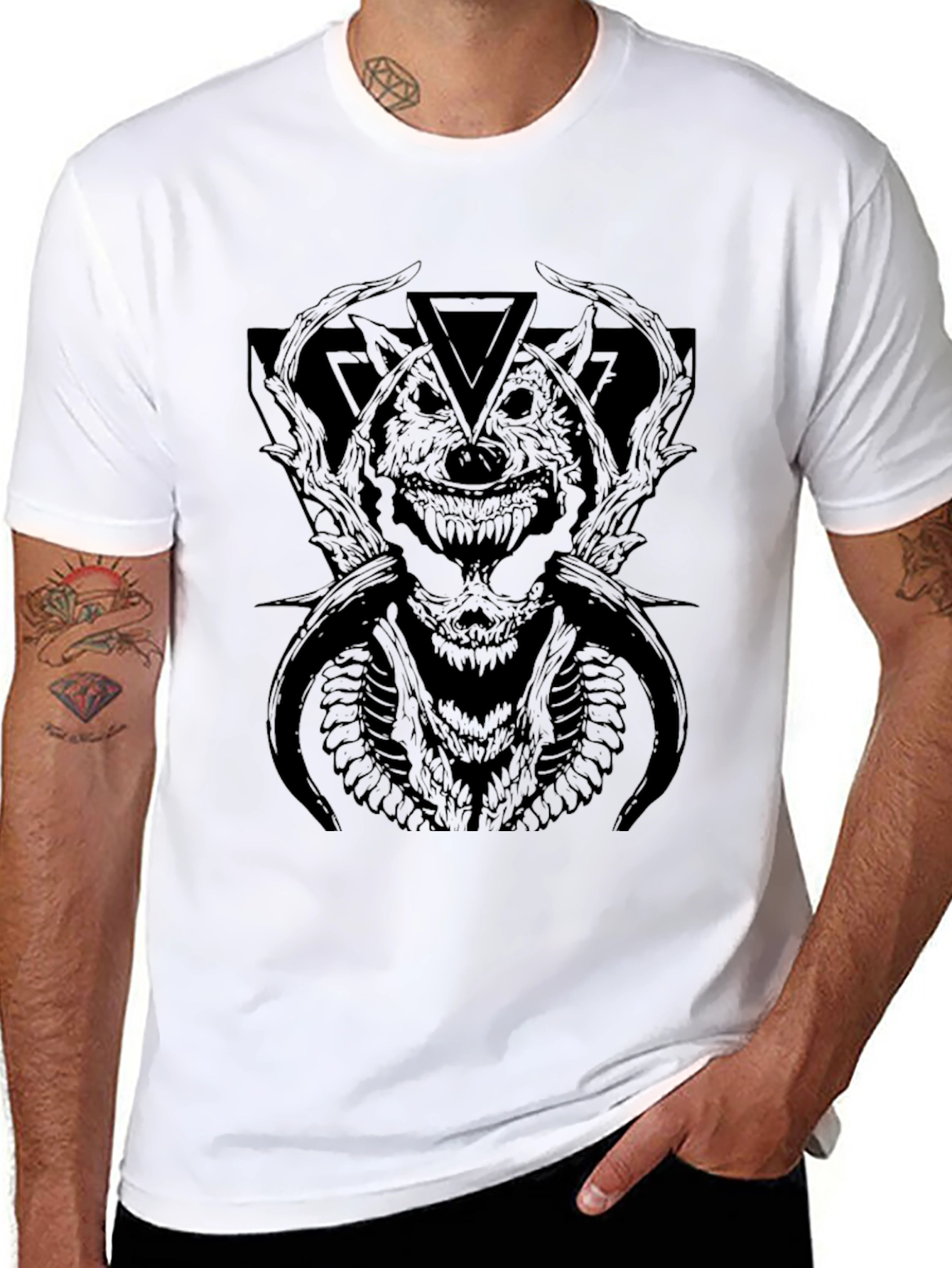 Mens Black Graphic Tee - Wolf Monster Design