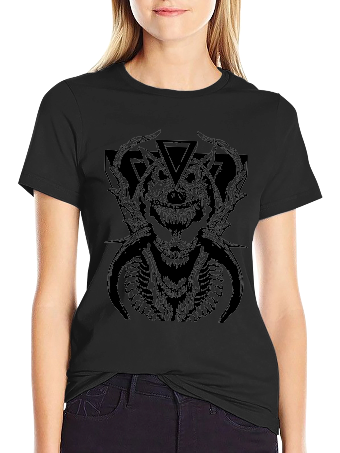 Mens Black Graphic Tee - Wolf Monster Design
