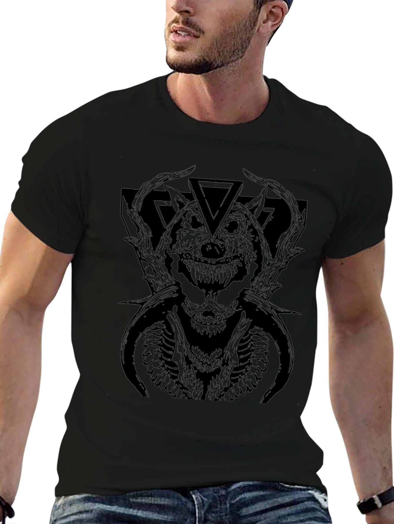 Mens Black Graphic Tee - Wolf Monster Design