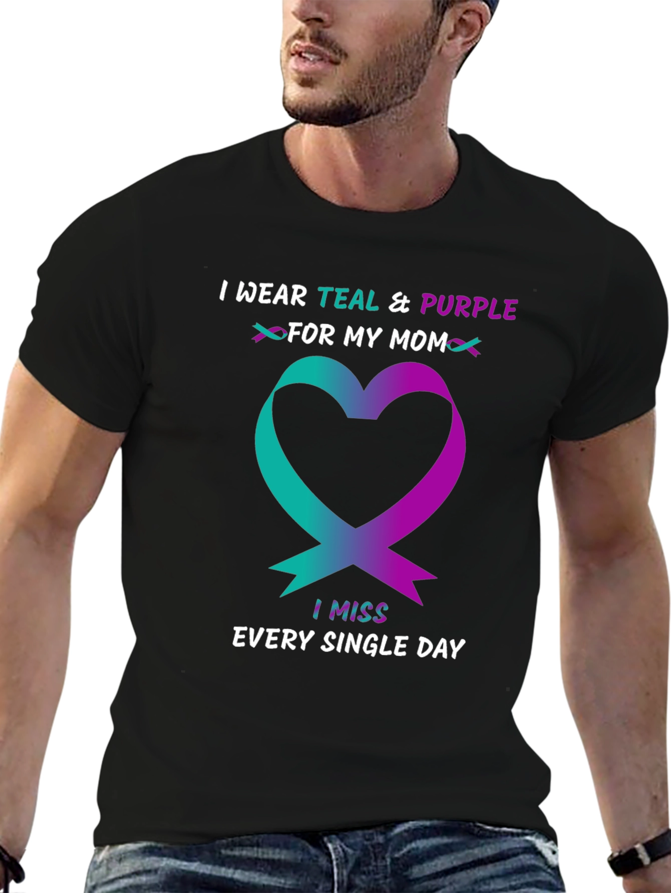 Teal & Purple Ribbon Heart T-Shirt - Missing Mom