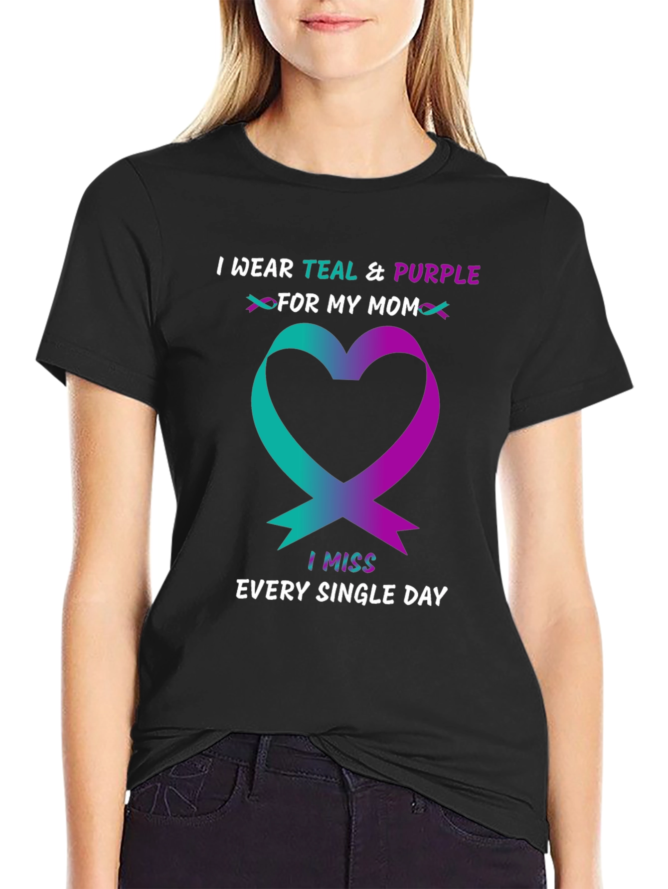 Teal & Purple Ribbon Heart T-Shirt - Missing Mom