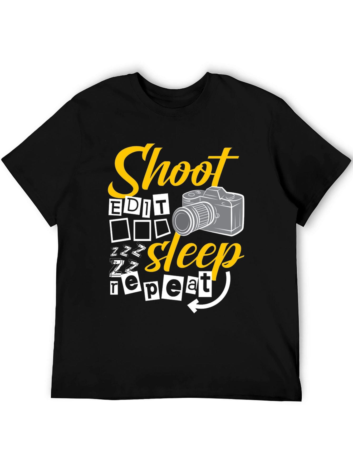 Shoot Edit Sleep Repeat Black Graphic T-Shirt