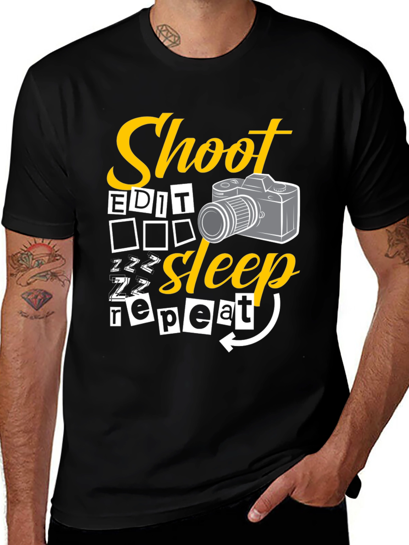 Shoot Edit Sleep Repeat Black Graphic T-Shirt