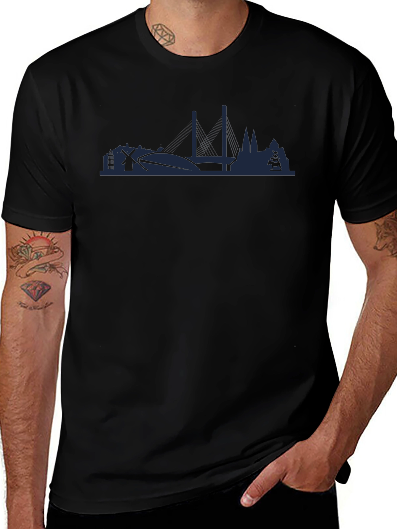 Dark Blue Silhouette Graphic Black Crew Neck T-Shirt