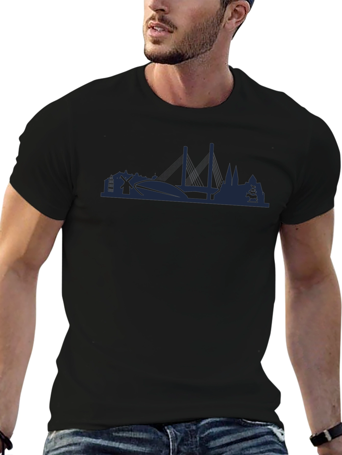 Dark Blue Silhouette Graphic Black Crew Neck T-Shirt