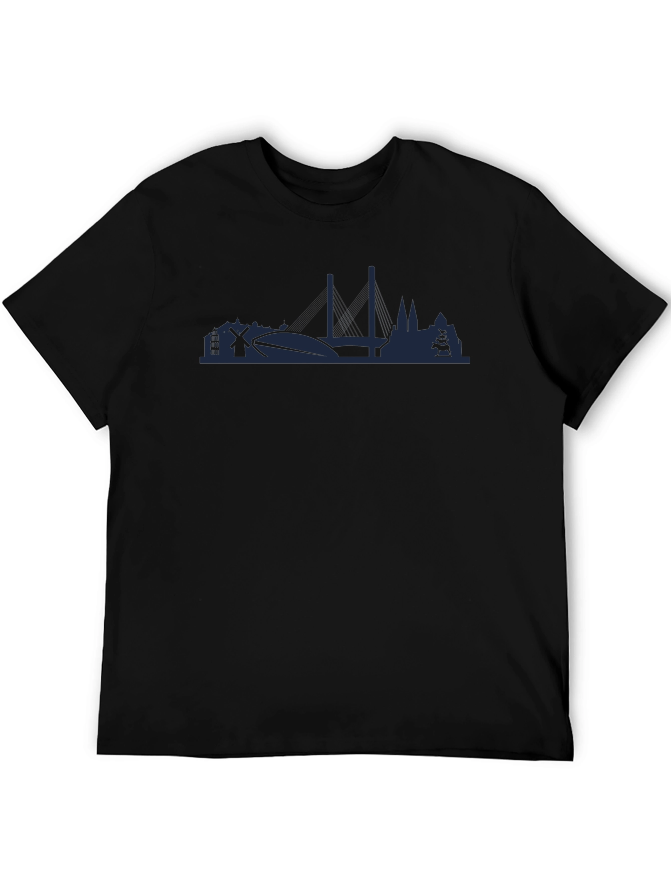 Dark Blue Silhouette Graphic Black Crew Neck T-Shirt