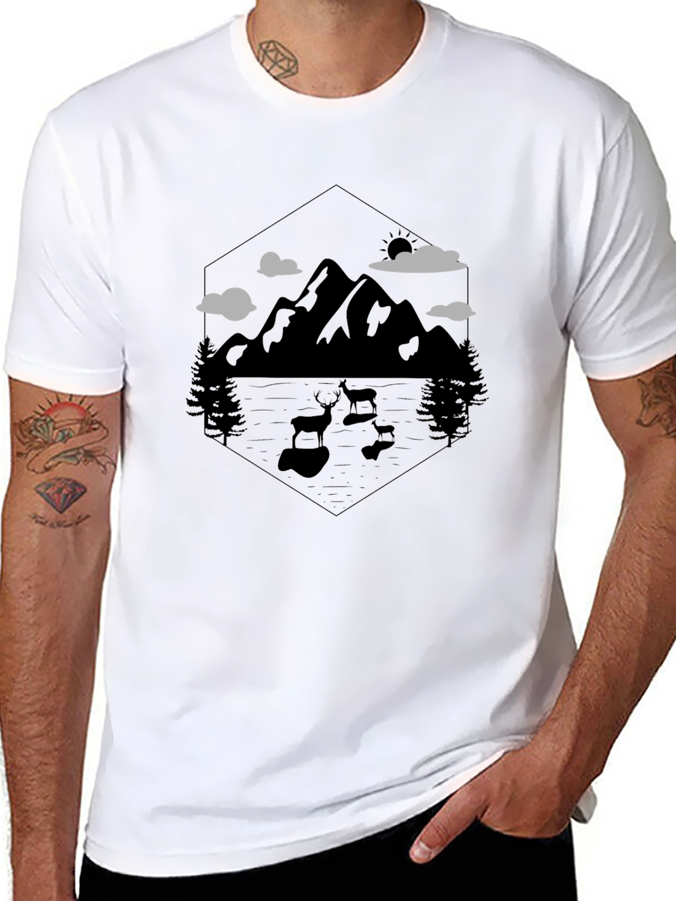 Mountain Deer Graphic Tee - Nature Lovers Black T-Shirt