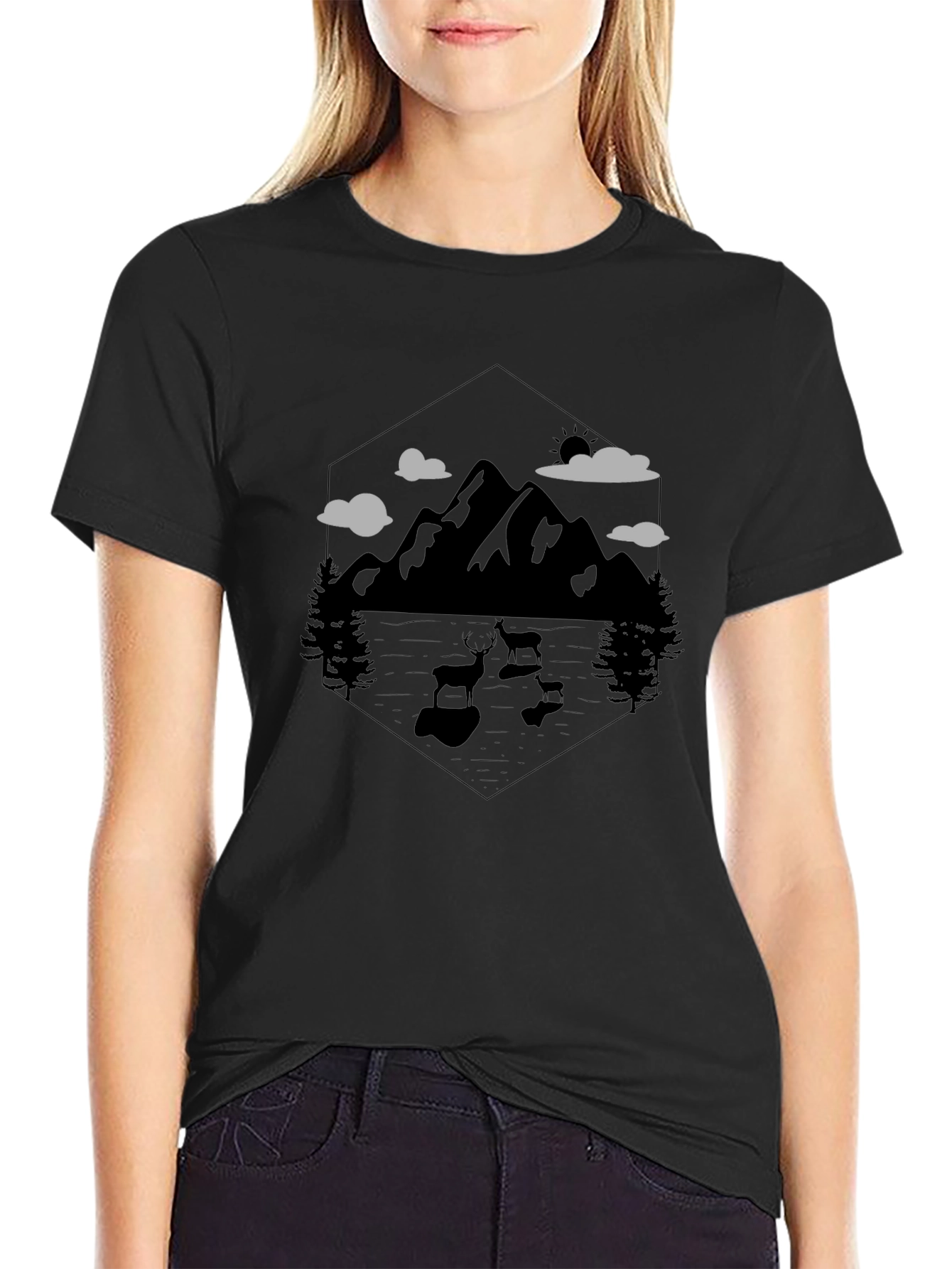 Mountain Deer Graphic Tee - Nature Lovers Black T-Shirt