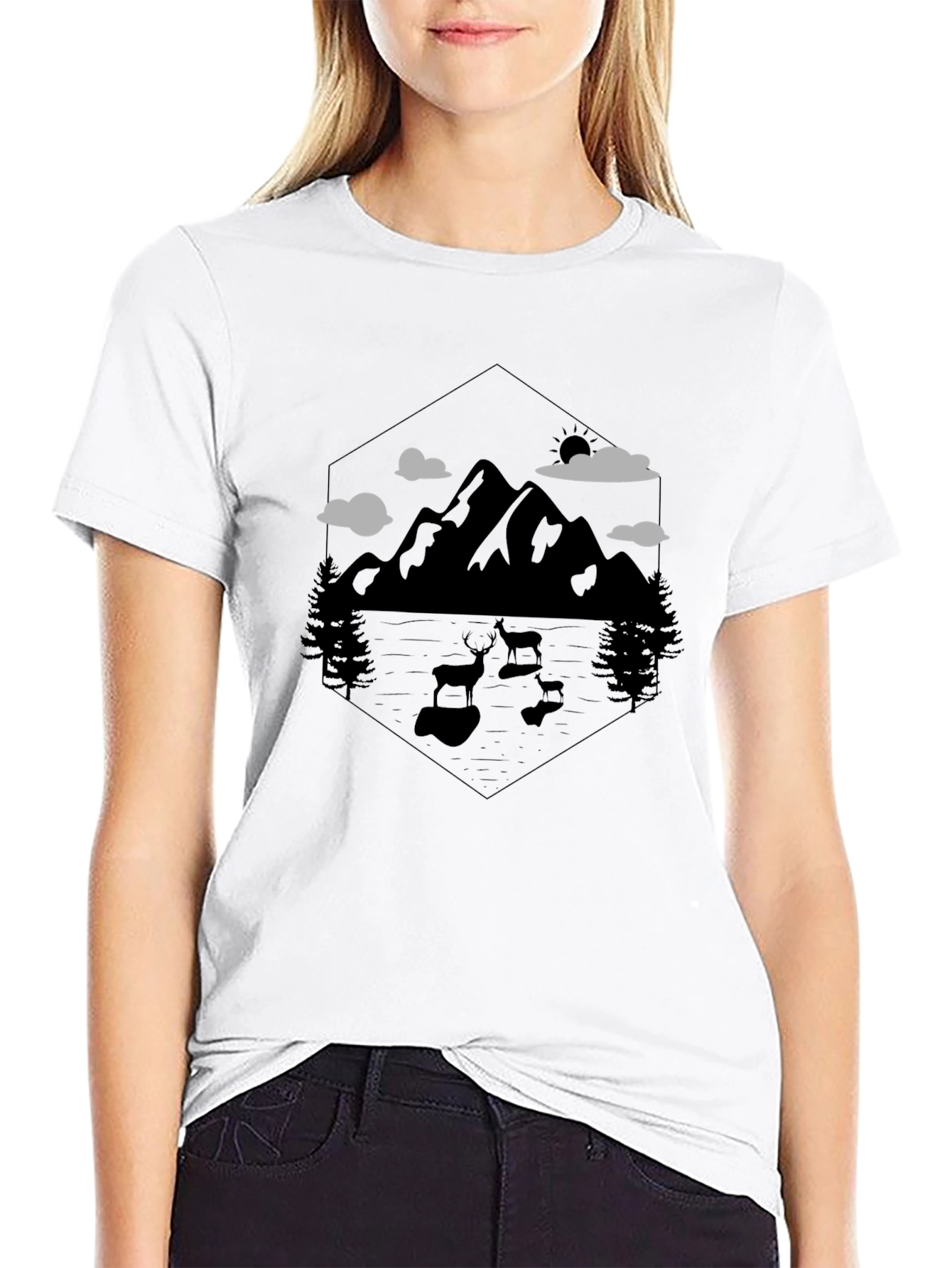 Mountain Deer Graphic Tee - Nature Lovers Black T-Shirt