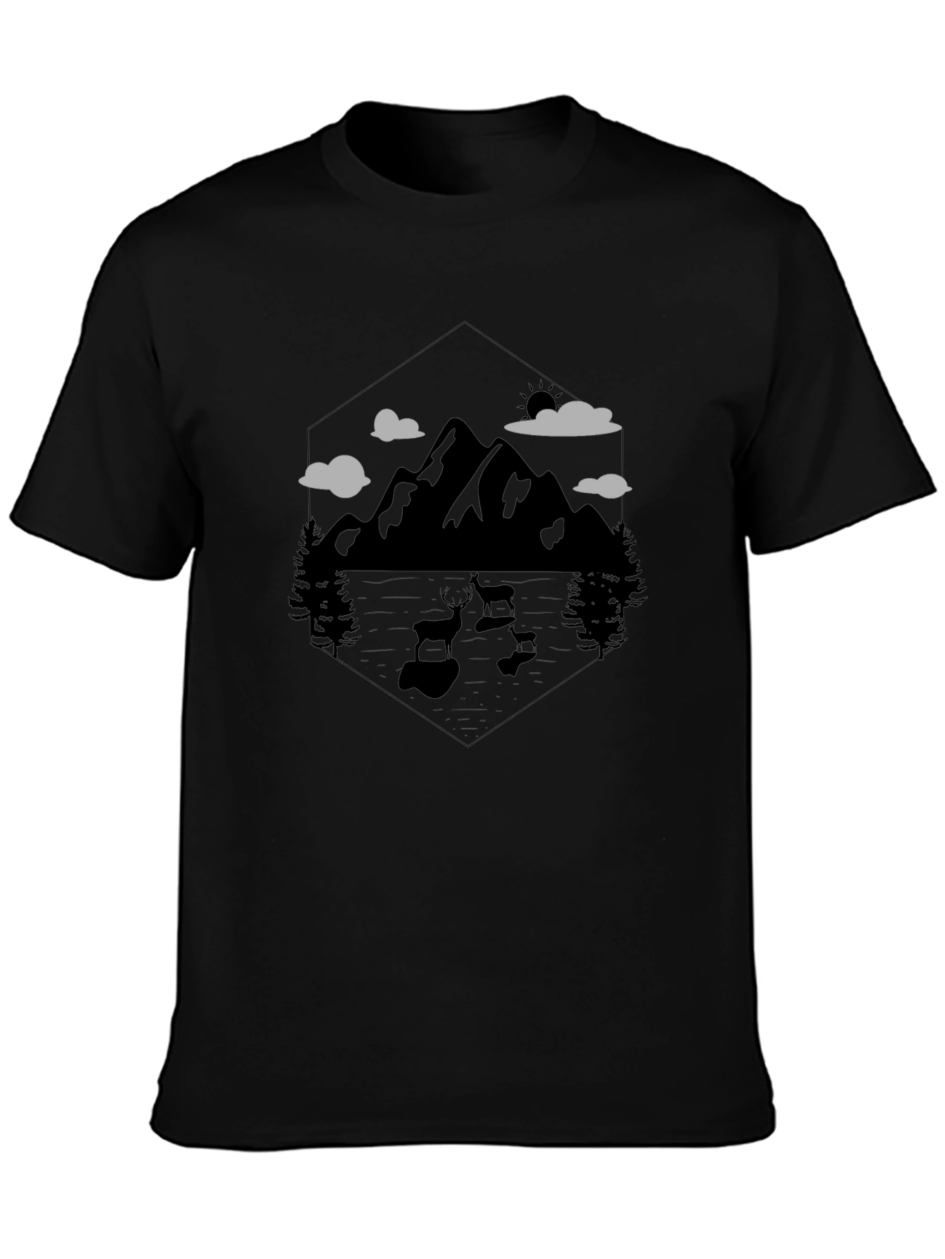 Mountain Deer Graphic Tee - Nature Lovers Black T-Shirt