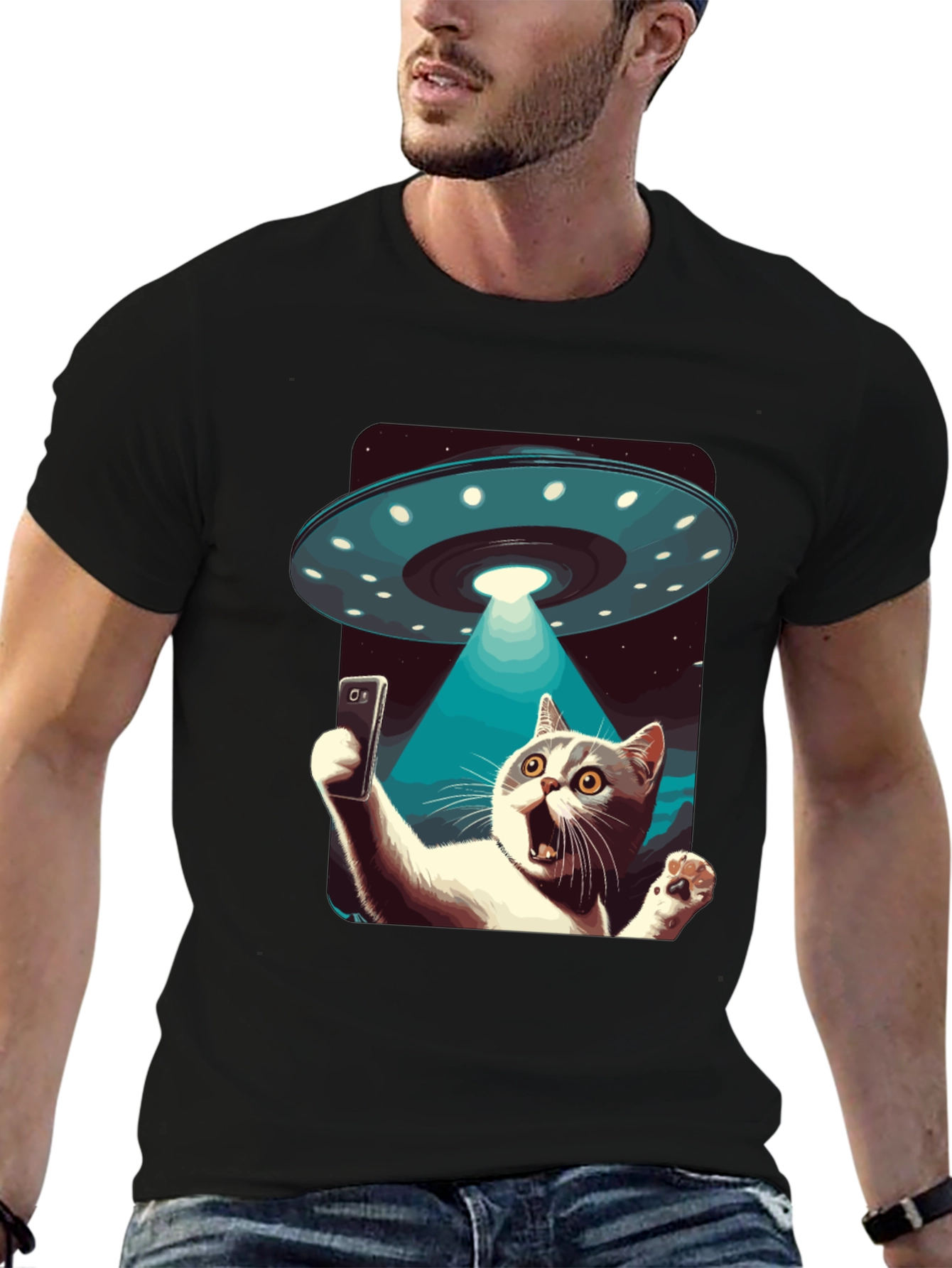 Alien Abduction Cat Selfie T-Shirt