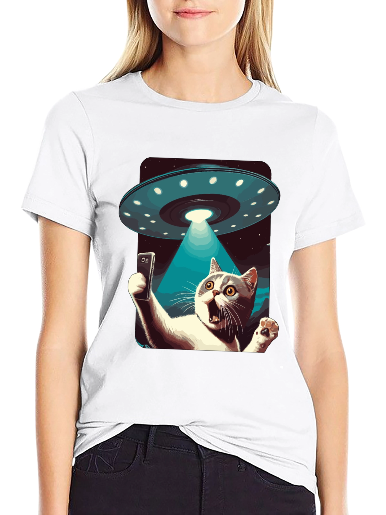 Alien Abduction Cat Selfie T-Shirt