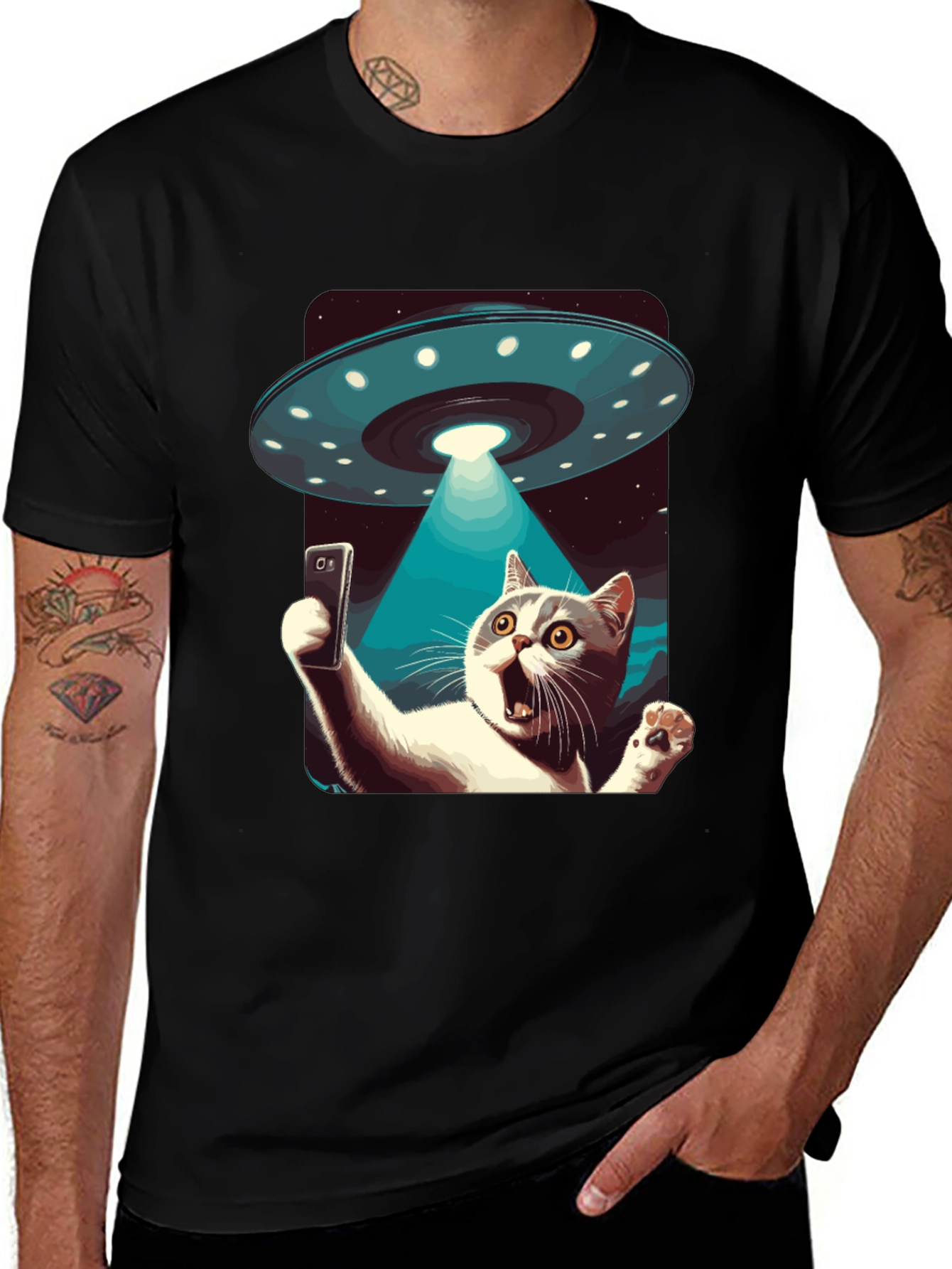 Alien Abduction Cat Selfie T-Shirt