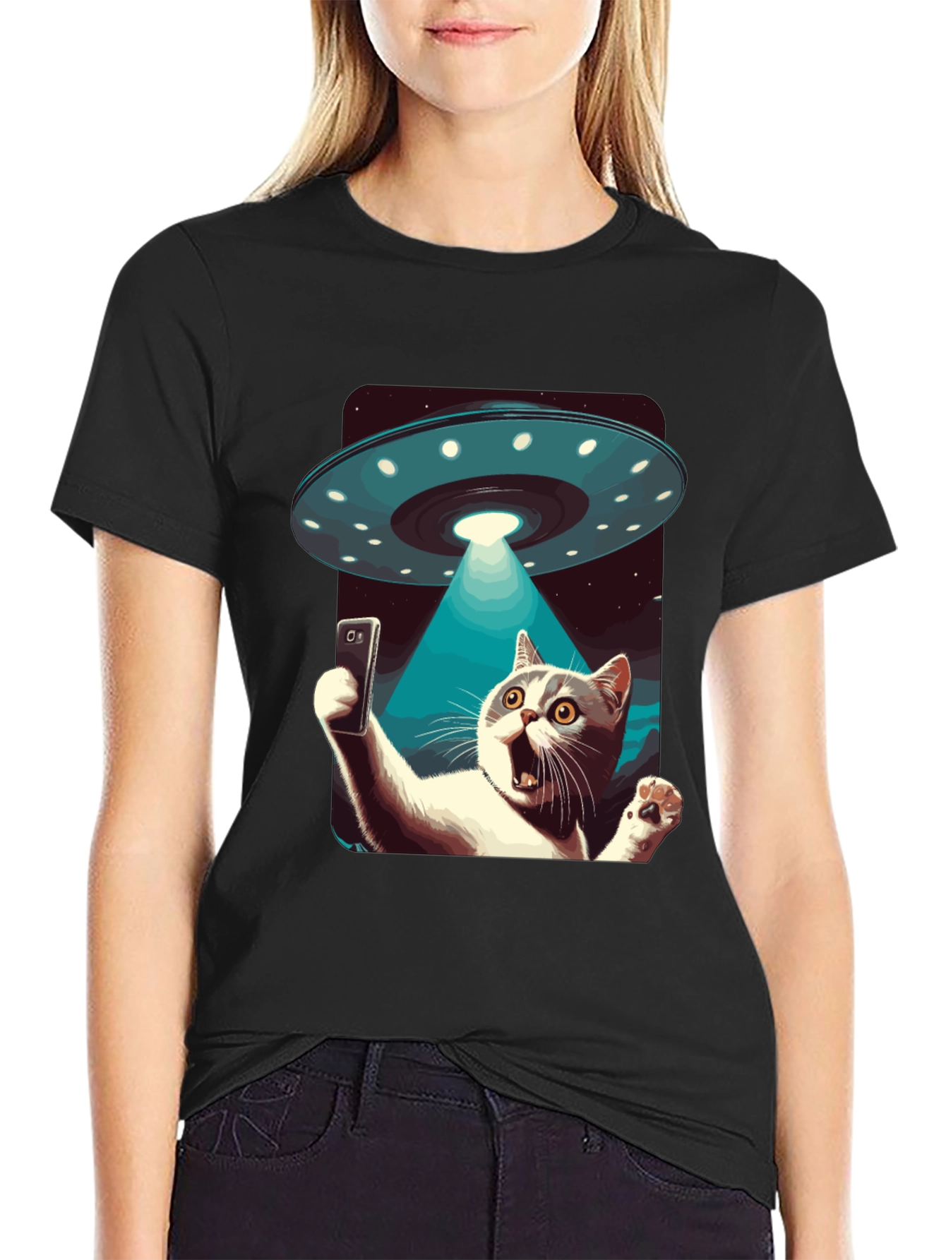 Alien Abduction Cat Selfie T-Shirt
