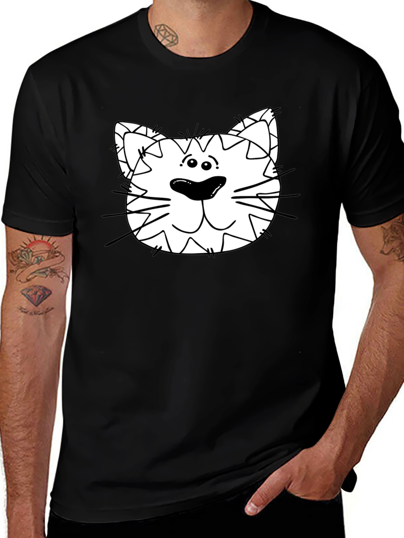 Funny Cat Face Graphic Mens Black T-Shirt