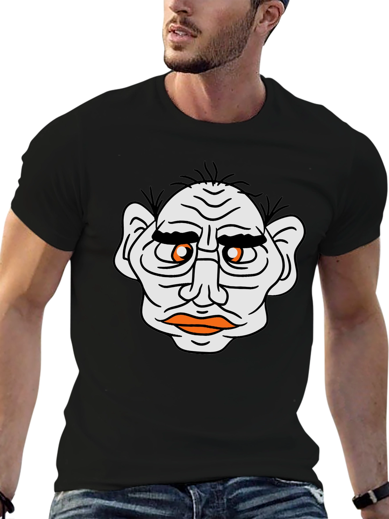Funny Old Man Face Graphic Black T-Shirt