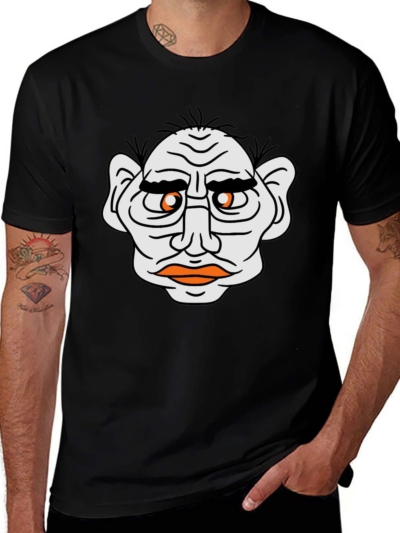 Funny Old Man Face Graphic Black T-Shirt