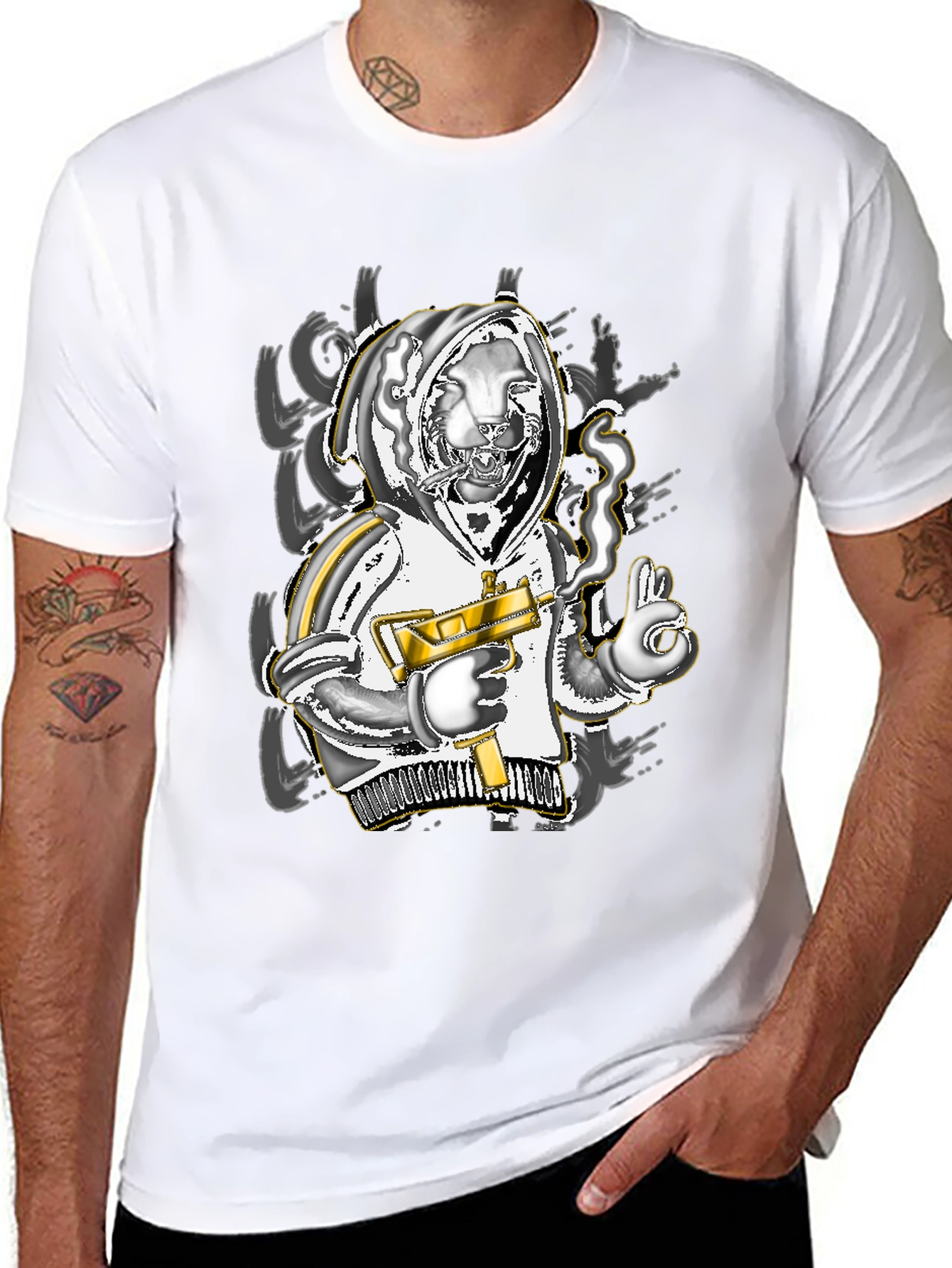 Urban Streetwear Graphic Tee - Lion with Gun