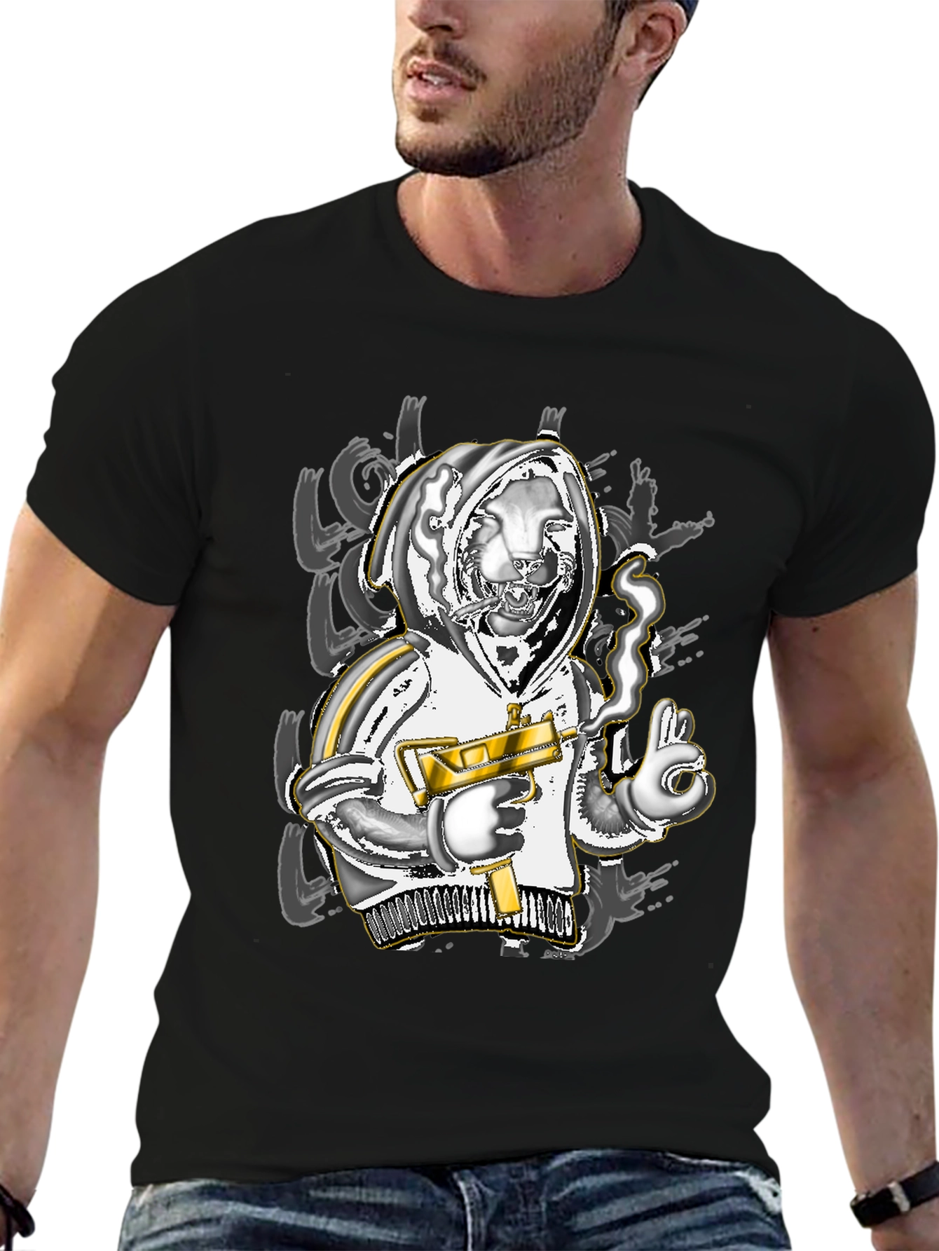 Urban Streetwear Graphic Tee - Lion with Gun