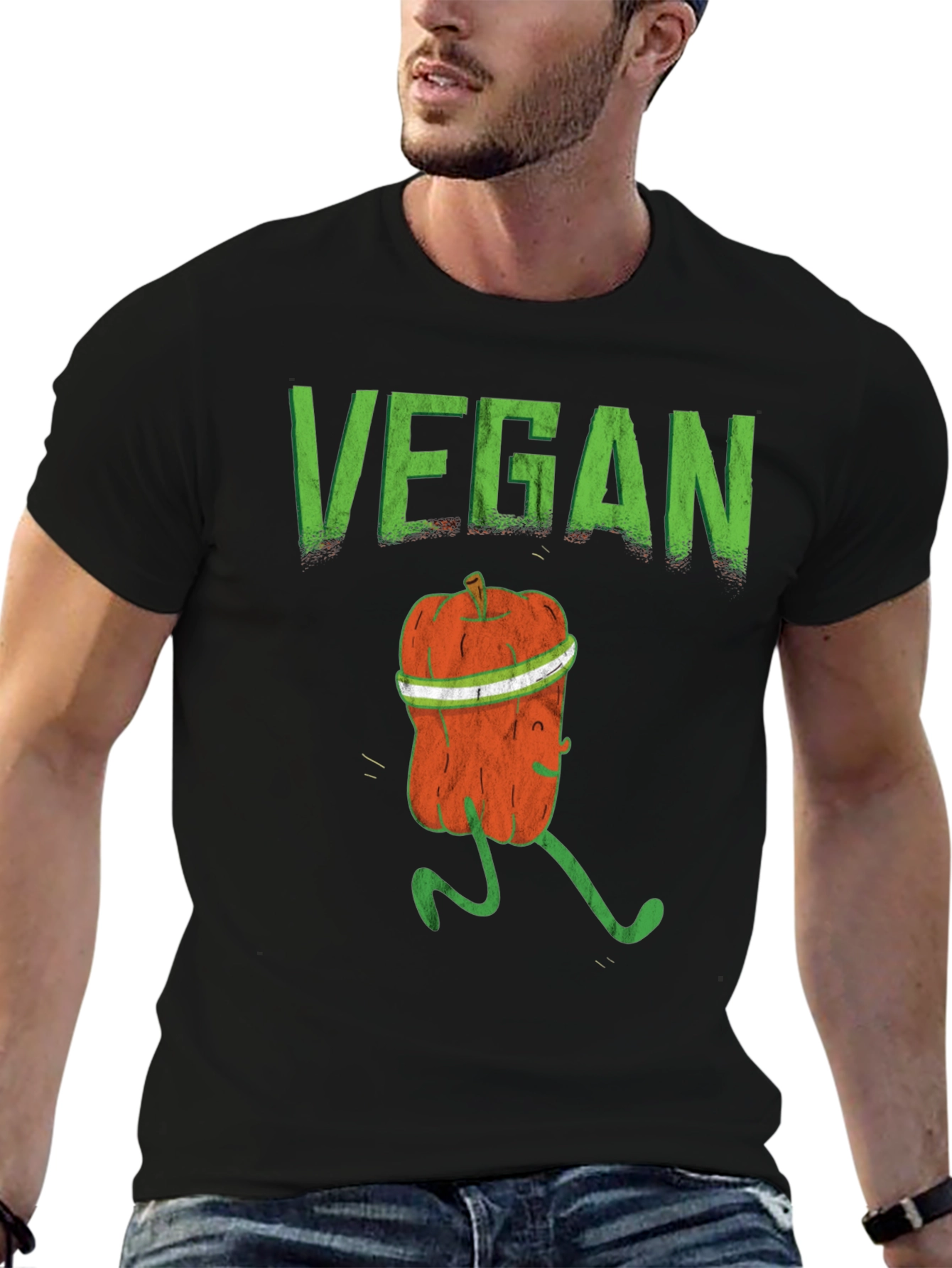 Vegan Running Pumpkin Graphic Tee - Black Cotton T-Shirt