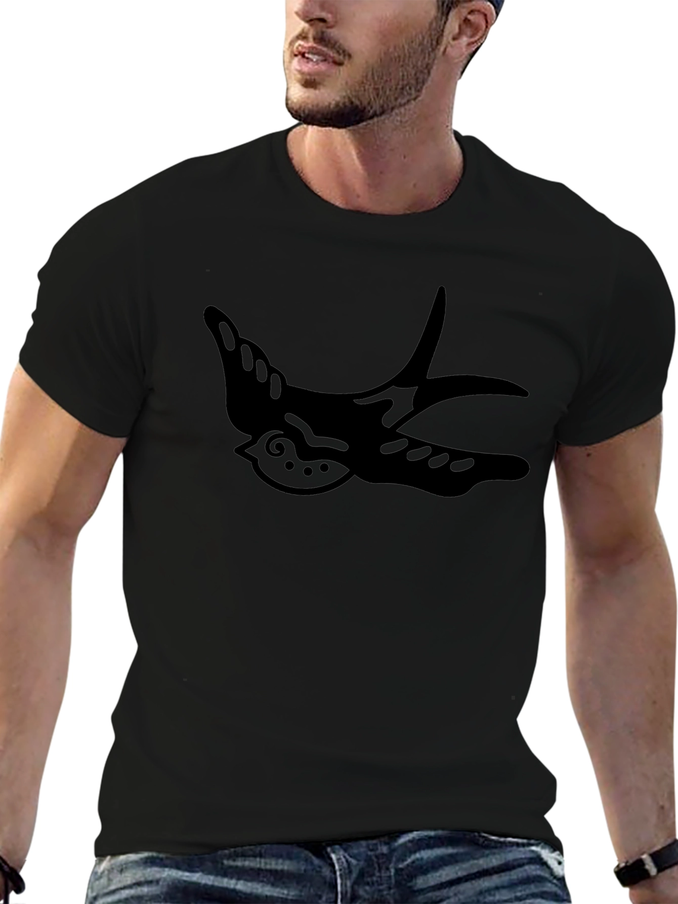 Mens Black T-Shirt with Swallow Graphic