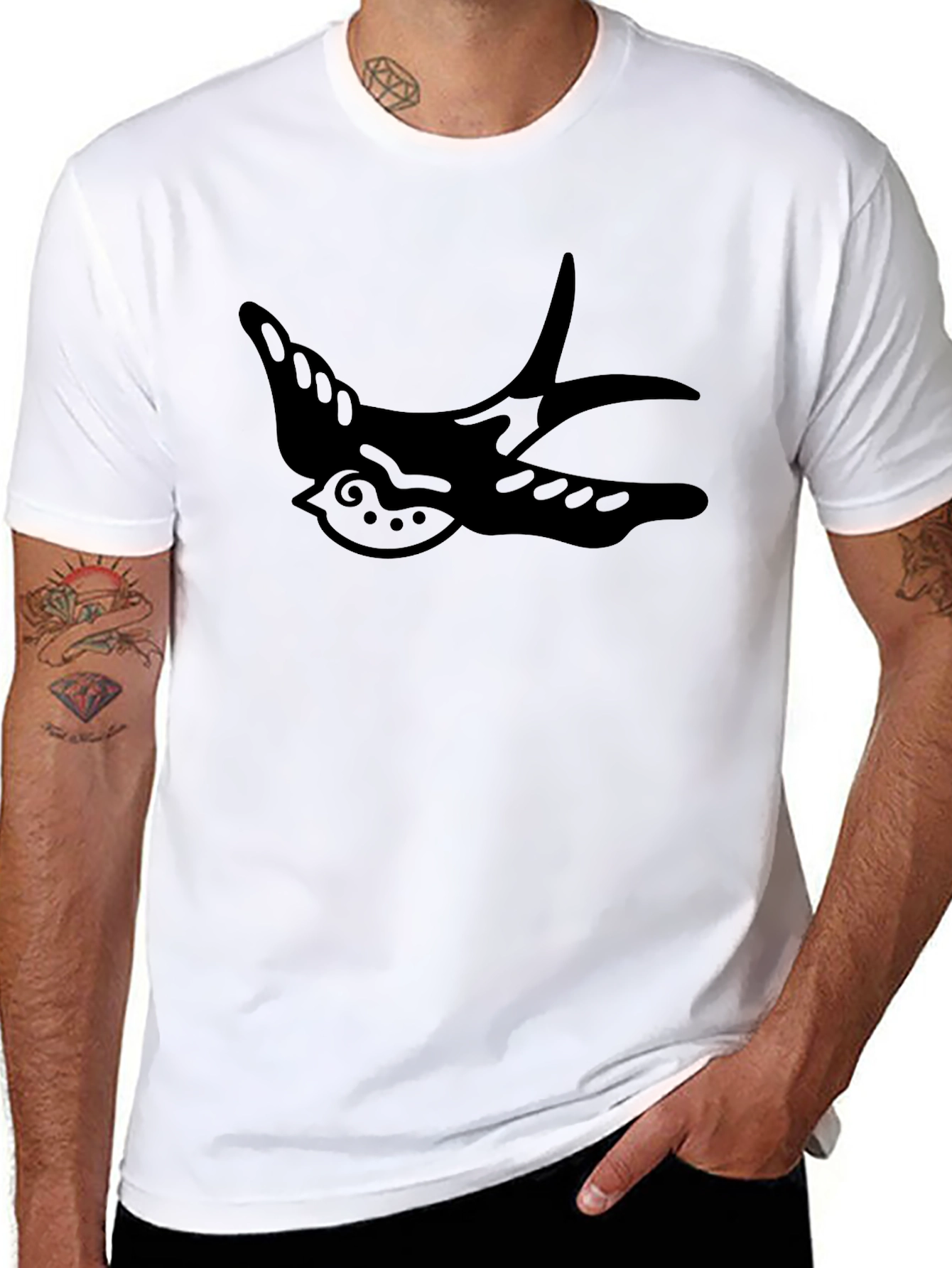 Mens Black T-Shirt with Swallow Graphic