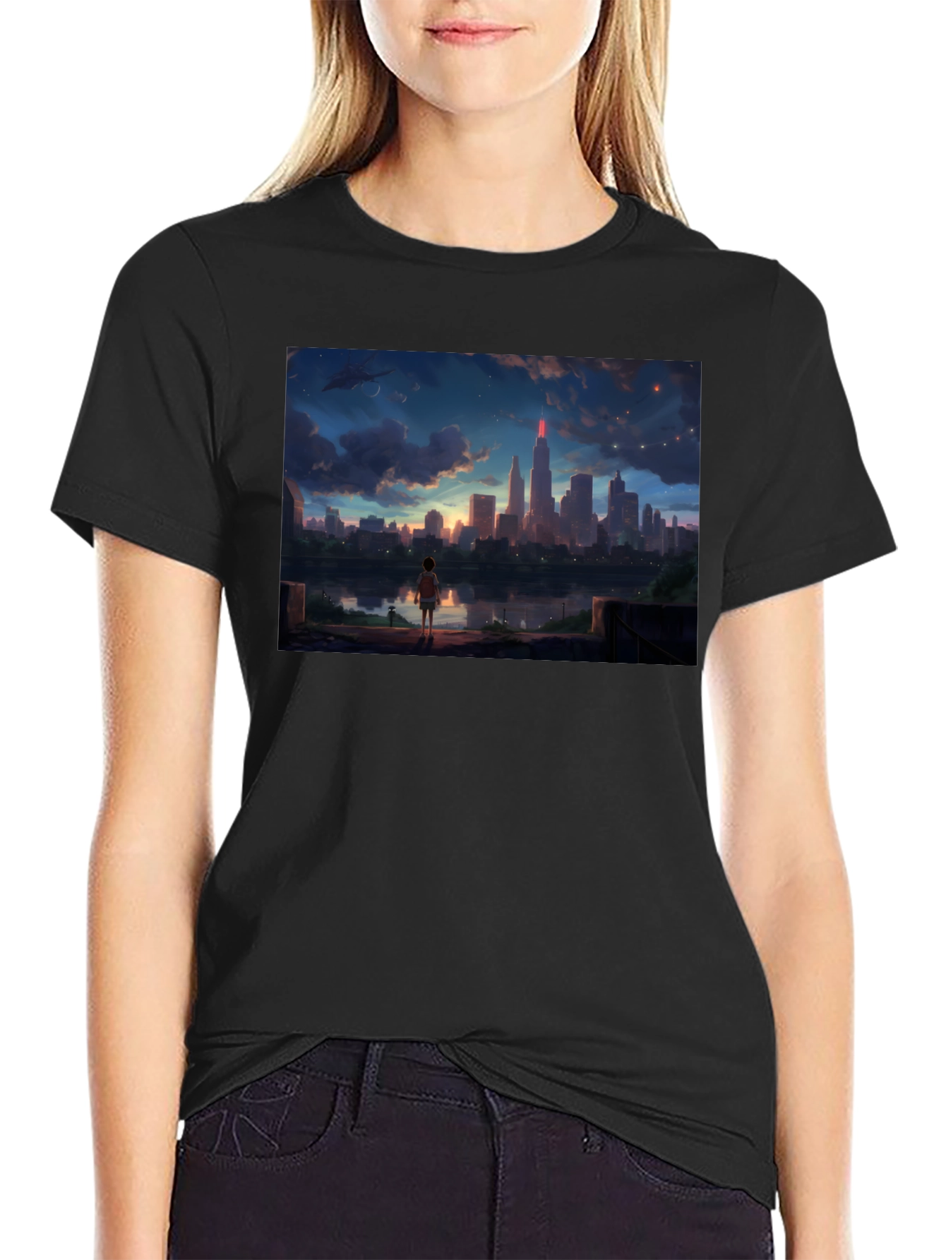 Anime Cityscape T-Shirt - Black Graphic Tee
