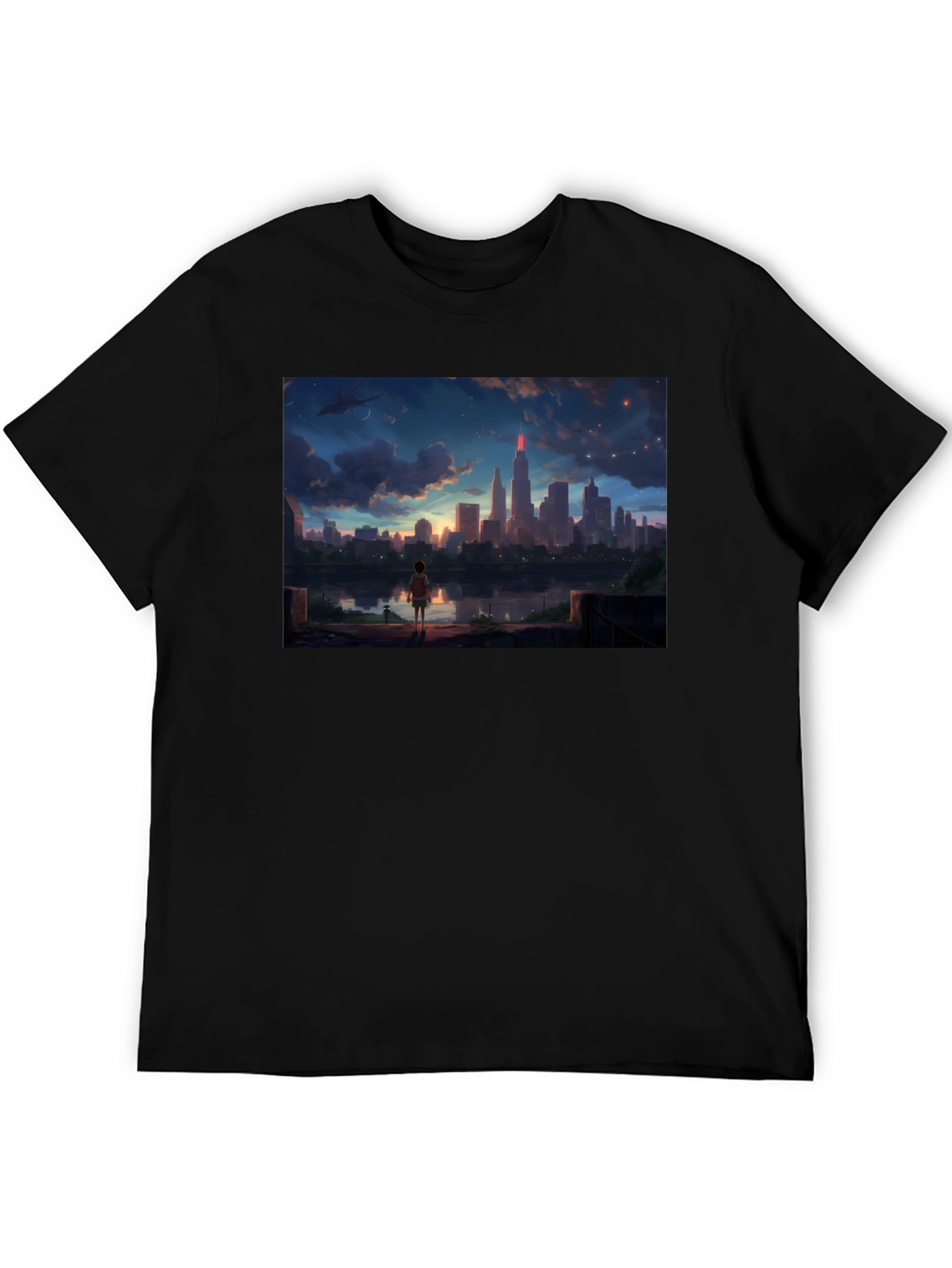 Anime Cityscape T-Shirt - Black Graphic Tee