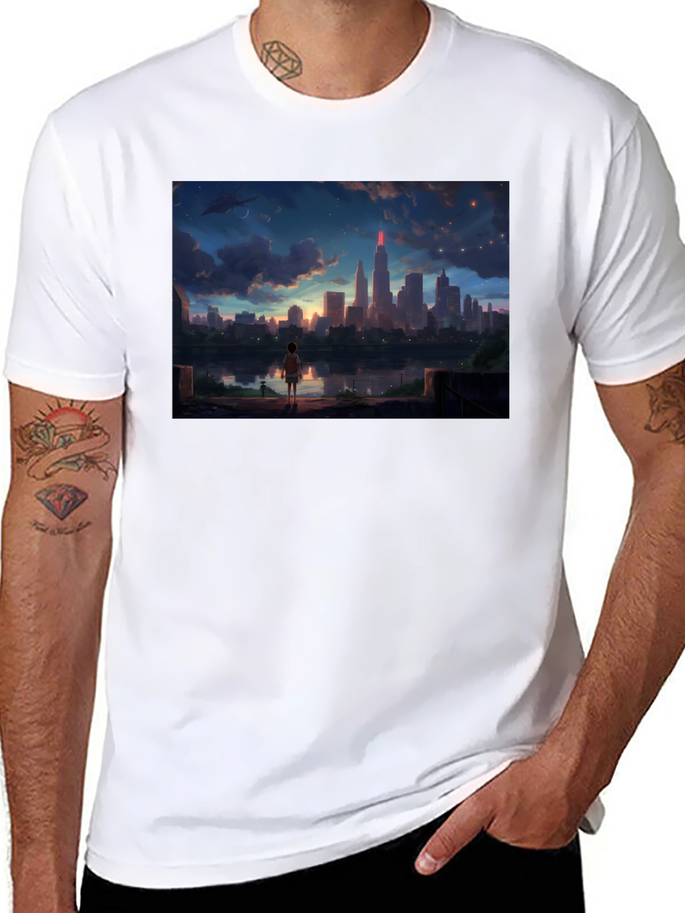 Anime Cityscape T-Shirt - Black Graphic Tee