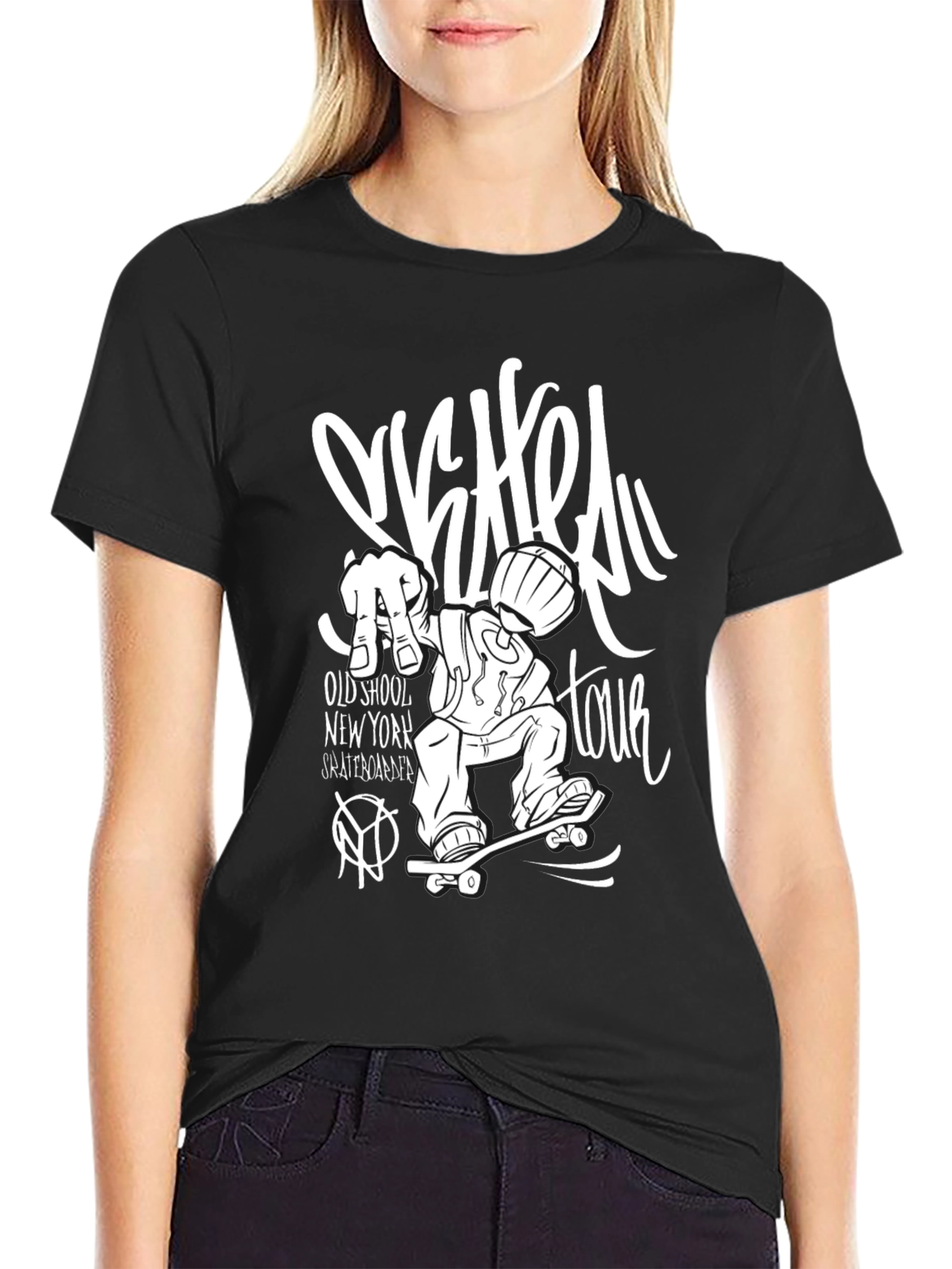 Skateboard Tour Graphic Tee - Black Cotton T-Shirt