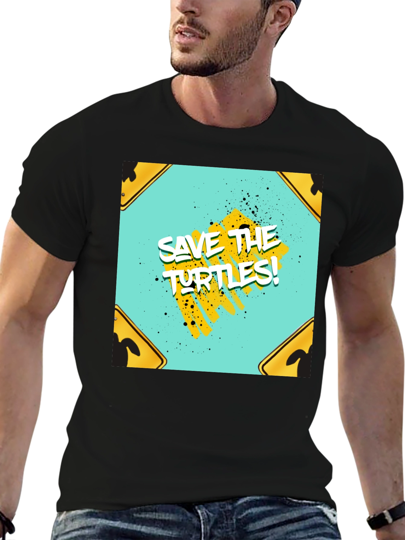 Save The Turtles Graphic Tee - Black Cotton T-Shirt