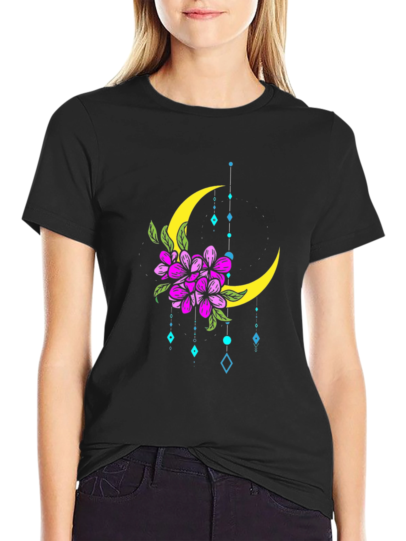 Floral Moon Graphic T-Shirt - Stylish Black Tee