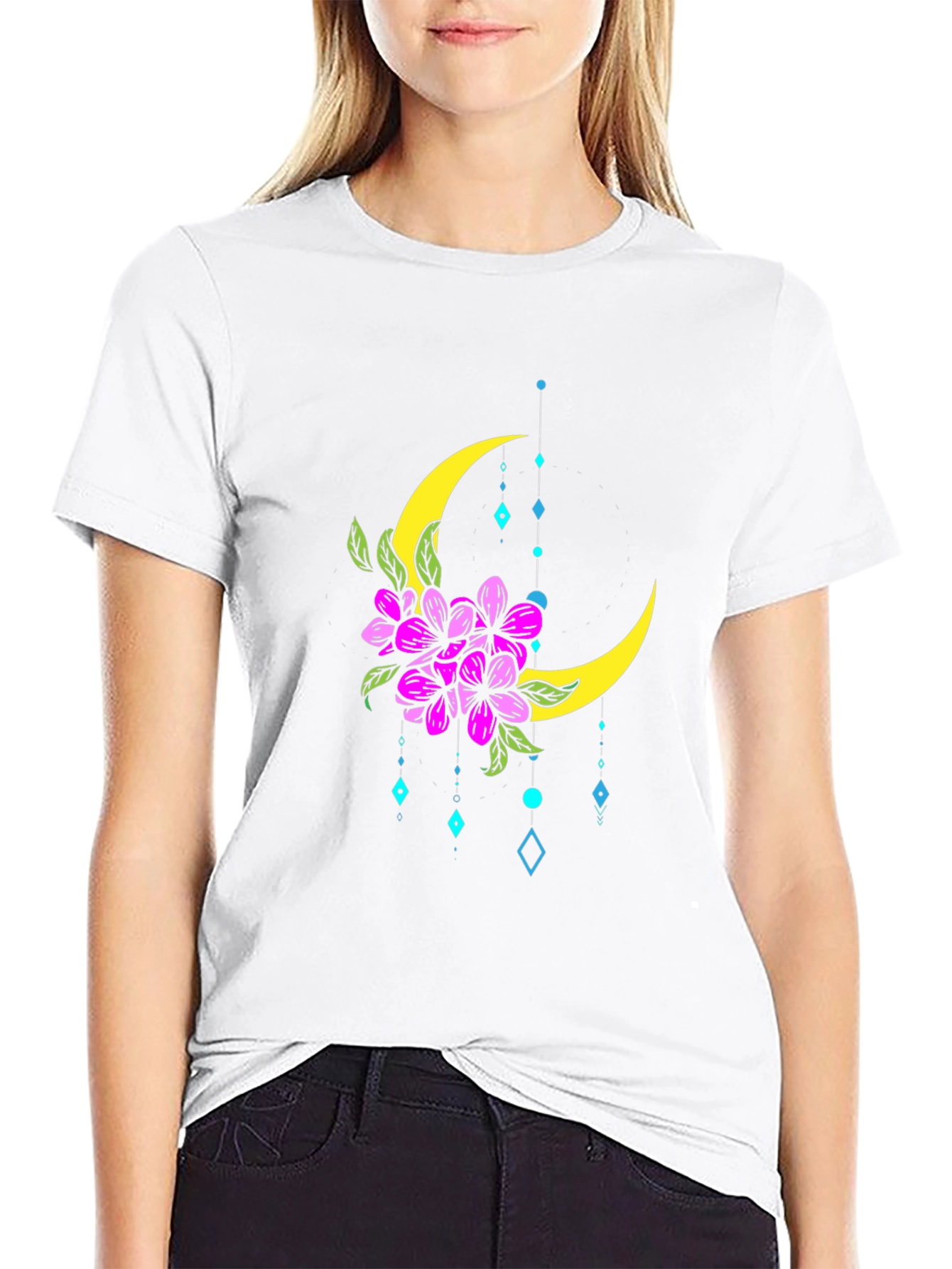 Floral Moon Graphic T-Shirt - Stylish Black Tee