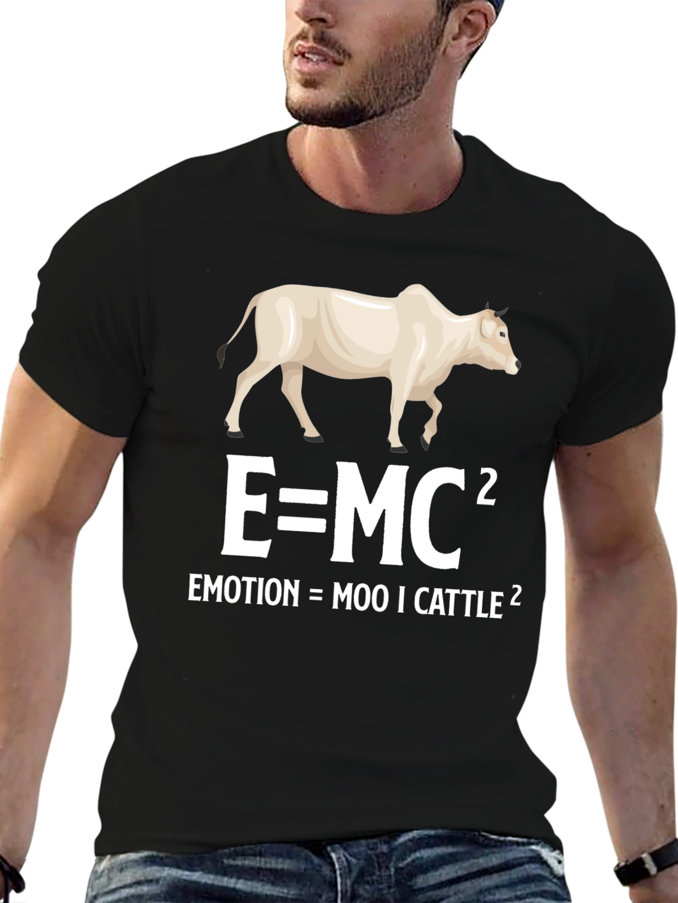 Funny Science Pun T-Shirt: Emotion = Moo ICattle Squared