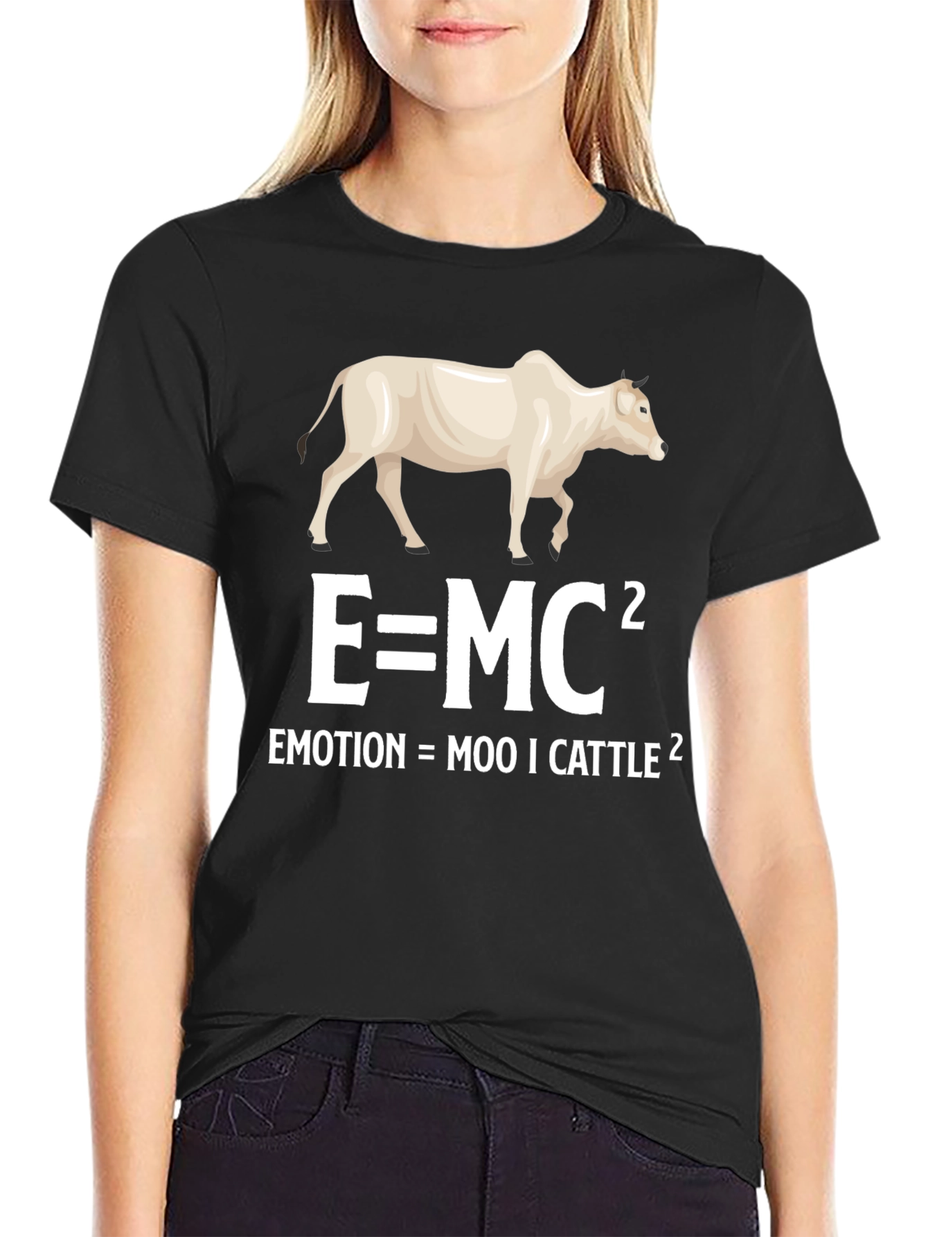 Funny Science Pun T-Shirt: Emotion = Moo ICattle Squared