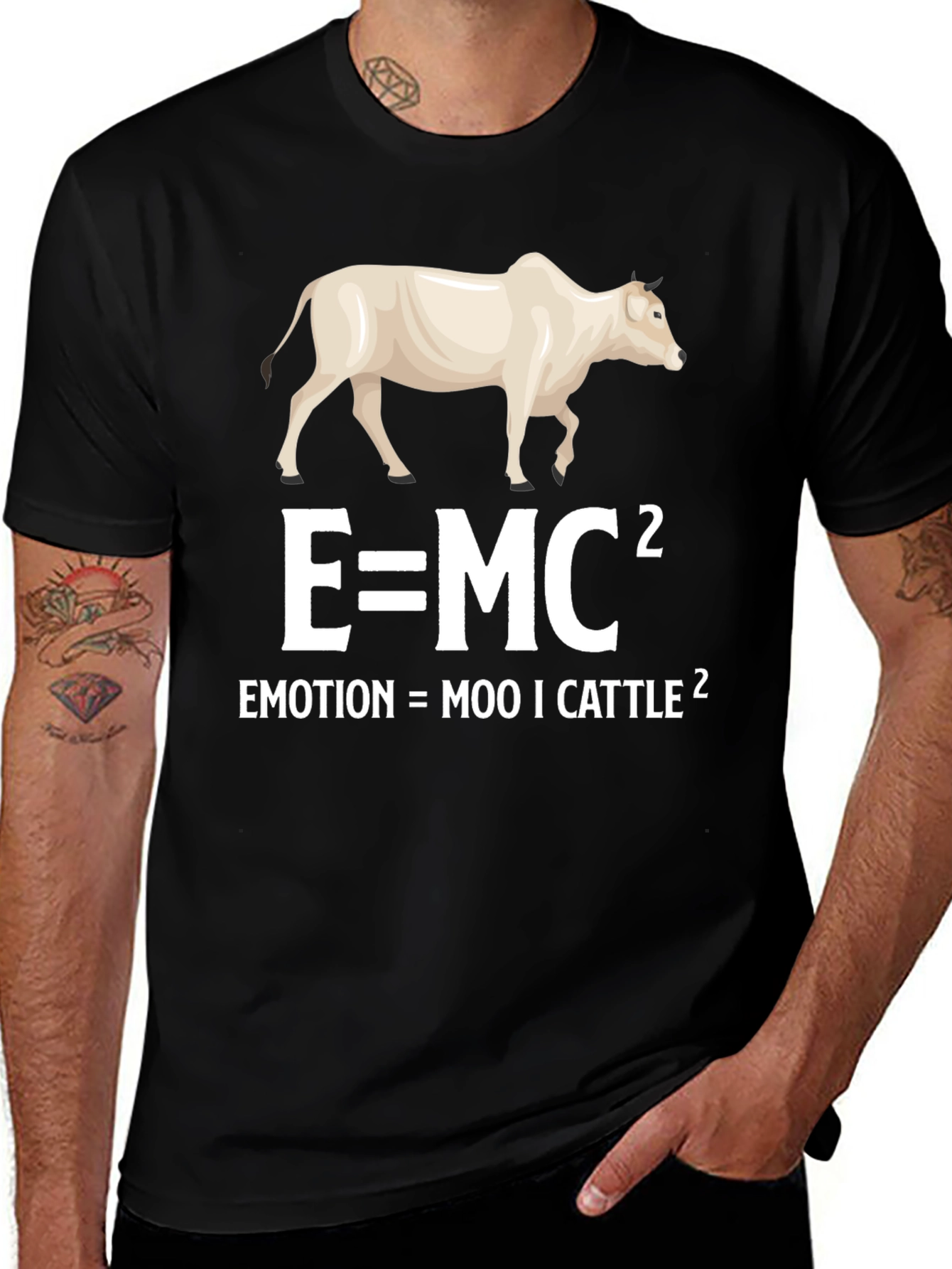 Funny Science Pun T-Shirt: Emotion = Moo ICattle Squared