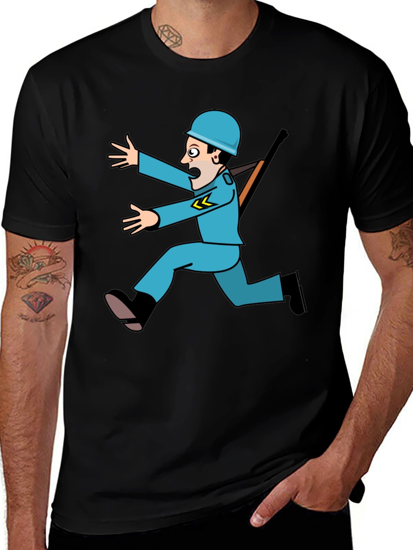 Funny Cartoon Soldier Graphic T-Shirt - Black