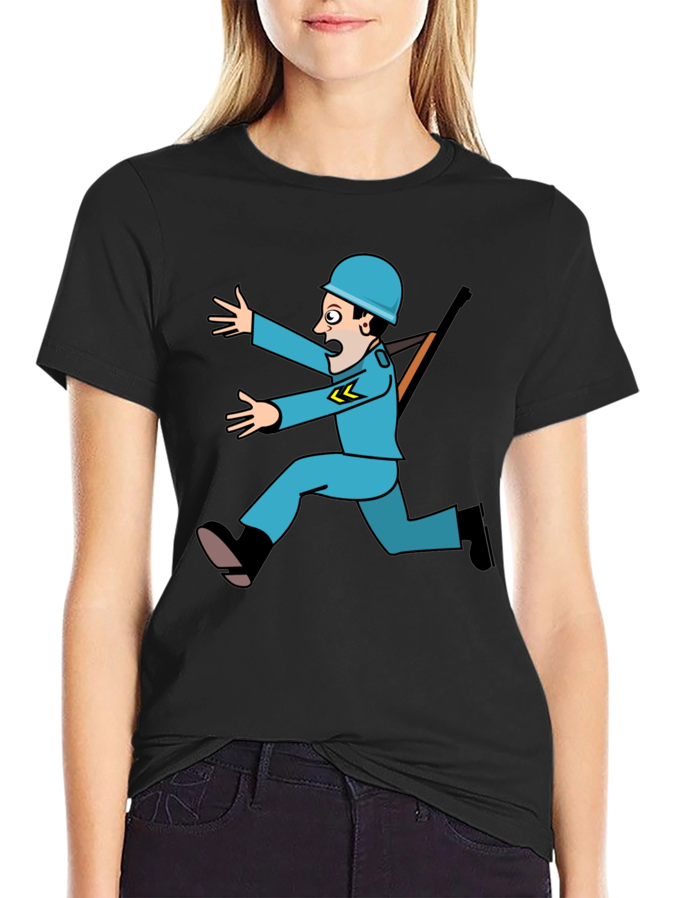 Funny Cartoon Soldier Graphic T-Shirt - Black