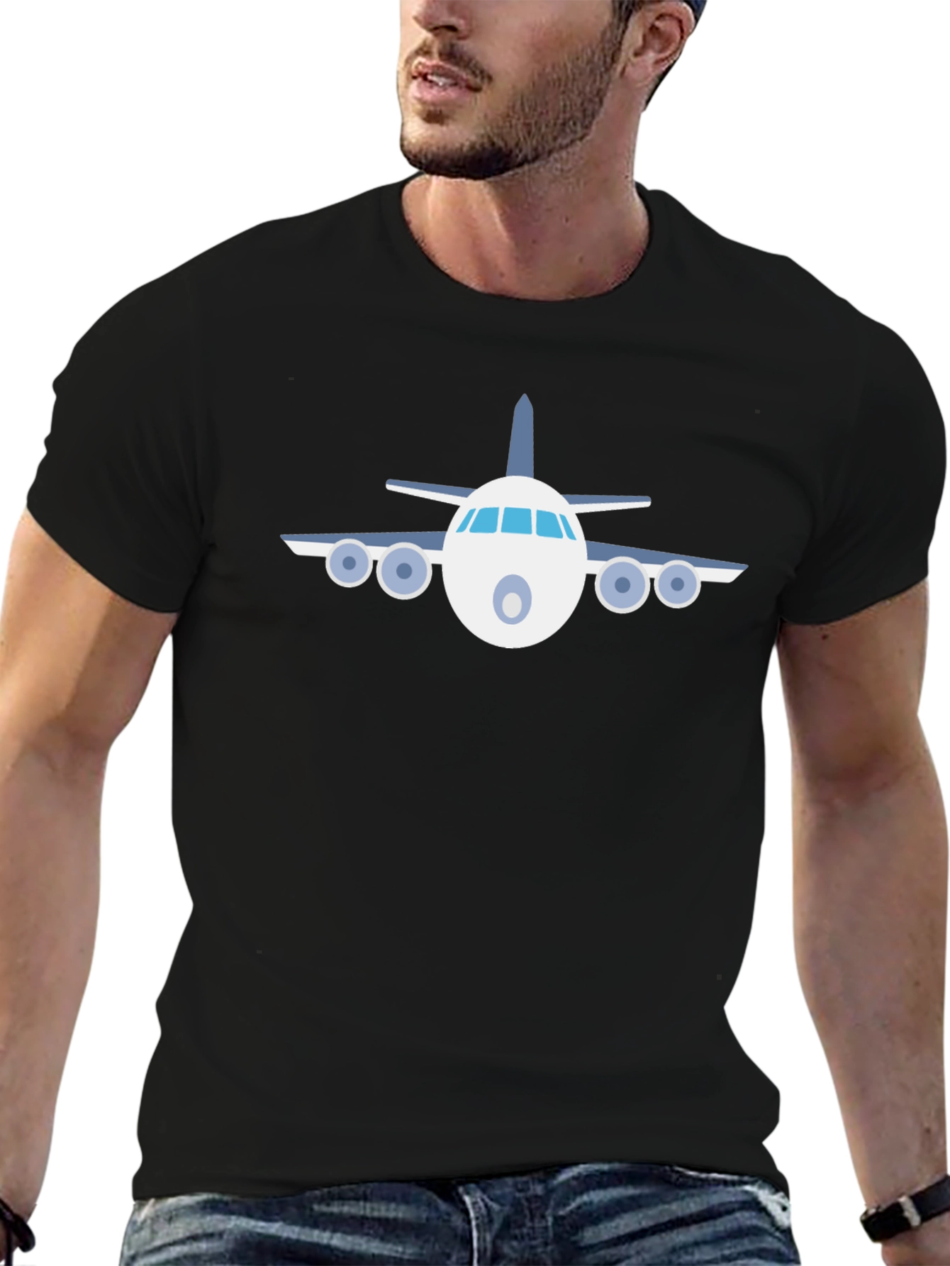 Airplane Graphic Tee - Black Cotton Casual T-Shirt