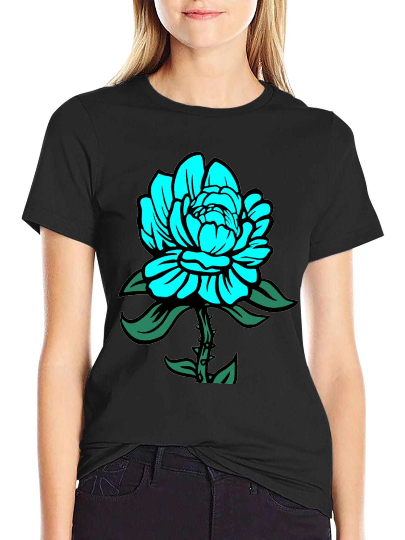 Mens Black T-Shirt with Teal Floral Design