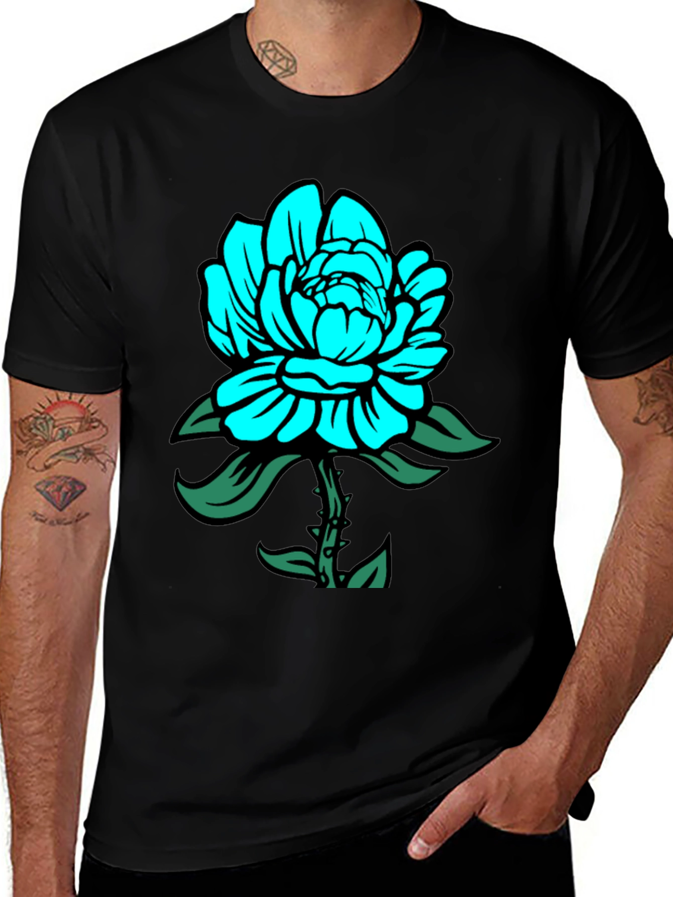Mens Black T-Shirt with Teal Floral Design